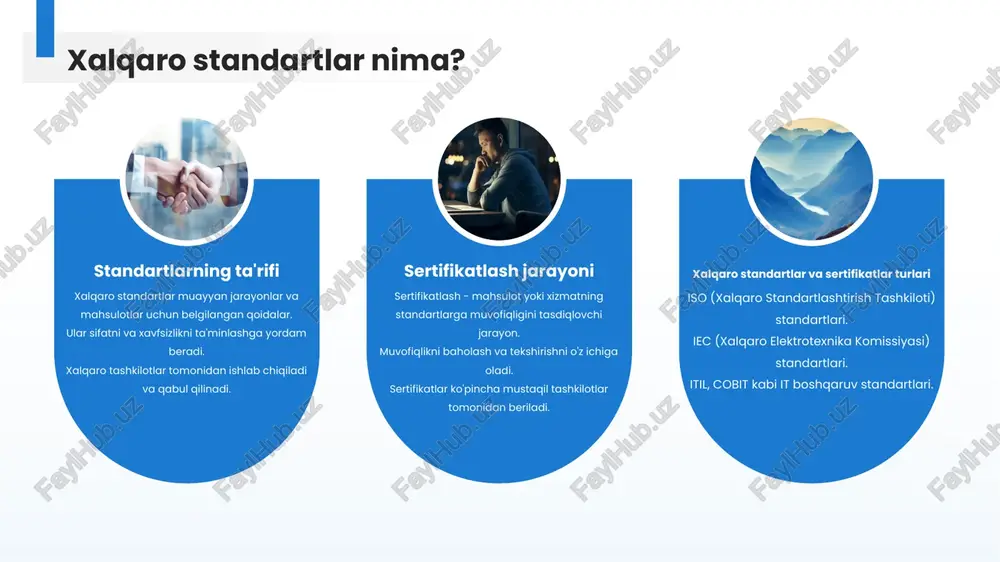 a xizmatlarning sifati sertifikatlangan xizmatlar sifatini oshirish. mijozlar talablariga javob berish. sifat nazorati jarayonlarini amalga oshirish. xizmatlarni sertifikatlash jarayoni xizmatlarni sertifikatlash uchun zarur protseduralar. sertifikatlash jarayonida muammolarni hal qilish. xizmatlar sifatini baholash. mijozlar uchun qo'shimcha xizmatlar sertifikatlangan xizmatlar orqali qo'shimcha qiymat yaratish. mijozlar ehtiyojlarini qondirish. yangiliklarni taqdim etish. sertifikatlar va xizmatlar o'zgarishlarga tayyorlik o'zgarishlarga tayyorlik darajasini baholash. standartlar o'zgarishlariga moslashish. o'zgarishlarni boshqarish strategiyalari. innovatsiyalar va standartlar innovatsiyalar va xalqaro standartlar o'rtasidagi bog'liqlik. yangiliklarni joriy etish jarayonlari. innovatsiyalarni standartlarga moslashtirish. o'zgarishlarni boshqarish o'zgarishlarni boshqarish jarayonida standartlar. o'zgarishlardan kelib chiqadigan xavflarni baholash. o'zgarishlarni amalga oshirish strategiyalari. 01 02 03 standartlar va o'zgarishlar 05 xalqaro standartlar va sertifikatlar: kelajak xalqaro standartlarning iqtisodiy rivojlanishga ta'siri. standartlar orqali iqtisodiy o'sishni ta'minlash. iqtisodiyotda barqarorlikni oshirish. xalqaro standartlar va iqtisodiyot 01 texnologiyalardagi yangi tendentsiyalar va standartlar. innovatsiyalar va texnologiyalarning rivojlanishi. texnologiyalar bilan birga kelayotgan yangi standartlar. texnologiyalardagi o'zgarishlar 02 raqamli transformatsiya va xalqaro standartlar. raqamli xizmatlarning sifatini …