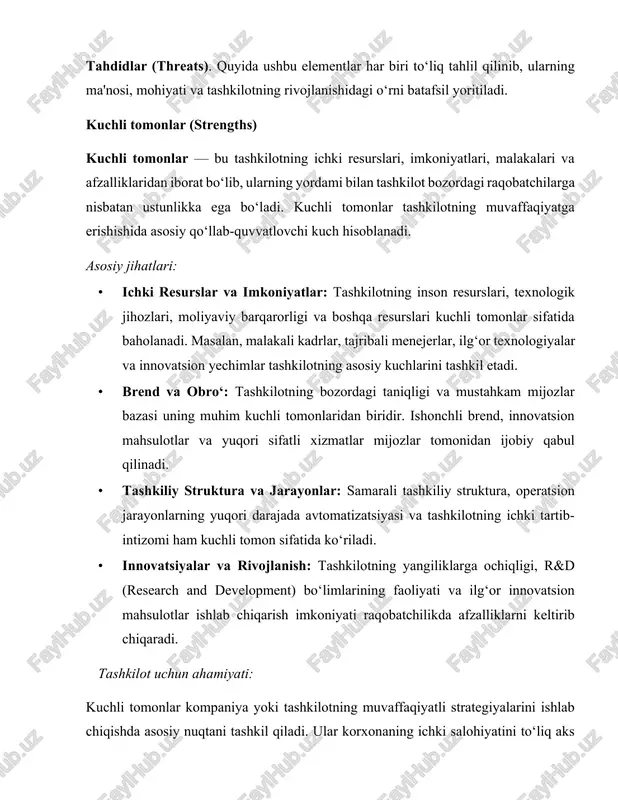 i: ichki jarayonlar va tashkilot strukturangizdagi murakkablik yoki noaniqliklar, shu jumladan qaror qabul qilish tizimidagi sustlik, samaradorlikning pastligiga olib kelishi mumkin. · mahsulot yoki xizmat sifati: agar tashkilotning mahsulotlari yoki xizmatlari bozordagi talabga nisbatan kam samarali yoki sifat jihatidan zaif bo‘lsa, bu holat zaif tomon sifatida baholanadi. bu holat iste’molchilar orasida obro‘ning pasayishiga olib kelishi aniq. · raqobatchilarga nisbatan nisbatan o‘rnatilgan aloqalar: bozordagi raqobatchilar bilan solishtirganda qurilish jarayonlari, marketing strategiyalari, va mijozlarni jalb etishdagi sustlik ham tashkilotning zaif tomonlari sifatida aniqlanishi mumkin. tashkilot uchun ahamiyati: zaif tomonlarni aniqlash orqali tashkilot samaradorlikni oshirish, ichki jarayonlarni takomillashtirish va tashqi muhit bilan yanada moslashuvchan strategiyalar ishlab chiqish imkoniyatiga ega bo‘ladi. bu tahlil menejmentga tashkilotdagi kamchiliklarni tezda tuzatish va ularni imkoniyatlarga aylantirish jarayonida yordam beradi. imkoniyatlar (opportunities) imkoniyatlar — bu tashqi muhitda tashkilotning rivojlanishi, bozor pozitsiyasini mustahkamlashi va yangi imkoniyatlar yaratishiga yo‘l ochadigan omillar majmuasidir. odatda, imkoniyatlar texnologik rivojlanish, iqtisodiy o‘sish, bozor talablarining o‘zgarishi …