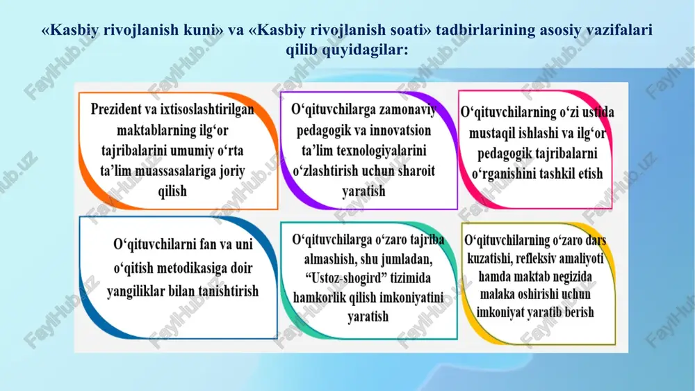 ya, italiya, litva va sloveniya. misol uchun, sloveniya va litvada amalga oshirilgan islohotlar natijasida maktab direktorlari fan o‘qituvchilari uchun milliy taʼlim maqsadlariga muvofiq cpd (ukr) ni tashkil etadilar. tashqi bozor asosidagi tizim – mazkur tizim nazariy jihatdan amalga oshirish mumkin, hechqaysi davlatda to‘liq shaklda ishlamaydi. bunda maktablar turli tashqi cpd xizmatlarini tavsiya etuvchi tashkilot va firmalar xizmatlaridan foydalanadilar. ichki tizim - maktab darajasi bo‘yicha cpd, bu yo‘nalishda norvegiya qisman misol bo‘lishi mumkin. unga ko‘ra, har bir maktabda o‘qituvchilarning cpd bo‘yicha masʼul bir o‘qituvchi tayinlanadi. tarmoq asosidagi tizim - malta tizimining bir qismi misoli. bunda maktablar o‘zaro xamkorlikni kuchaytiradilar va ehtiyojga javoban cpd bo‘yicha o‘zaro yordam berish, qo‘llab- quvvatlash tizimini yo‘lga qo‘yish tavsiya etiladi. quyidagi cpd (ukr) faoliyat turlarining qaysi biri sizning o‘qituvchilik mahoratingiz oshishida samarali bo‘lgan? 1.maktabdagi seminar-treninglar 🠶 2.xalqaro darajadagi dasturlar yoki kurslarda ishtirok etish (masalan ma, celta, tesol boshqalar) 3. rasmiy malaka oshirish kurslari 🠶 4.kasbga doir mokamalarda …