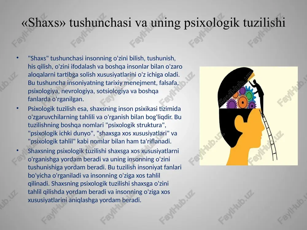 nda haqiqatdan ham ko‘rmoqchi bo‘lgan xususiyatlar emas, mening fikrimcha, ko‘rmoqchi bo‘lganlardir. ko‘p hollarda «kutilgan men» sohasini otaonalar belgilaydi. ba’zan ular o‘z farzandlariga bu haqda to‘g‘ridan to‘g‘ri gapiradilar («haqiqiy musiqachi bo‘lib etishishingni orzu qilaman (olim, shoir va sh.o‘.)»).odatda, «kutilgan men» biz uchun obro‘li bo‘lgan insonga yo‘nalgan holda tuziladi. bu ota, ona, qarindoshlar yoki do‘stlardan biri, ba’zida ustoz ham bo‘lishi mumkin. bu insonning obro‘si qanchalik kuchli bo‘lsa, uning kutilganlariga nisbatan yo‘nalish ham shunchalik kuchli bo‘ladi. «ko‘rgazmali men» 4. «ko‘rgazmali men» yoki «namoyishkorona men» katta tantanalarda o‘zining egallab turgan darajasini ko‘rsatish, alohida ko‘rinish uchun kiyiladigan ko‘chalik ko‘ylakni eslatadi. «na men» – bu boshqalarda yaxshi taassurot qoldirish uchun ko‘rsatiladigan hulq-atvor aktlari yig‘indisi. bunga, shuningdek, biz o‘z darajamiz yoki ijtimoiy rolimizdan qat’iy nazar bildiradigan qarashlar, g‘oyalar, hulq-atvor odati va shu kabilarni kiritish mumkin. «samimiy men» 6. «samimiy men» - eng yaqin odamlardan hamsir tutiladigan «uydagi men»ning yashirin qismi. har birimizda, hatto, yaqin odamlarimizdan yashiradigan sirlarimiz …