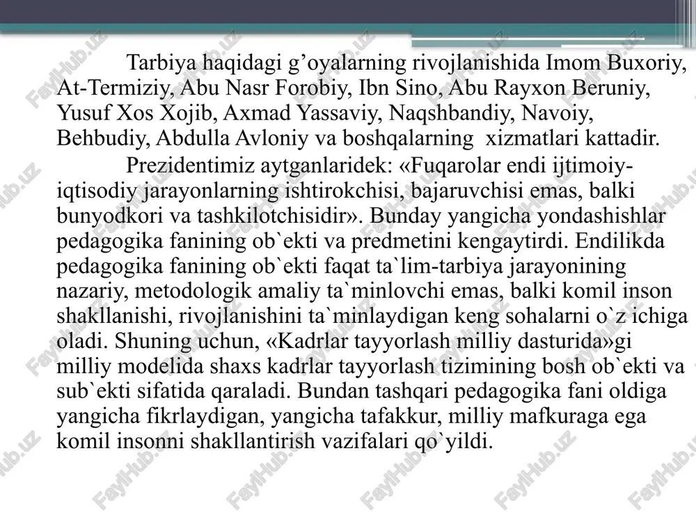 imlarni berish asosida ularda amaliy ko’nikma va malakalarni shakllantirish, ularning bilish qobiliyatlarini o’stirish va dunyoqarashlarini tarbiyalashga yo’naltirilgan jarayon; dars – bevosita o’qituvchi rahbarligida muayyan o’quvchilar guruhi bilan olib boriladigan ta’lim jarayonining asosiy shakli; bilim olish – idrok etish, o’rganish, mashq qilish va muayyan tajriba asosida xulq-atvor hamda faoliyat ko’nikma, malakalarining mustahkamlanib, mavjud bilimlarning takomillashib, boyib borish jarayoni; t’lim jarayoni – o’qituvchi va o’quvchilar o’rtasida tashkil etiluvchi hamda ilmiy bilimlarni o’zlashtirishga yo’naltirilgan pedagogik jarayon. o’quv fani – ta’lim muassasalarida o’qitilishi yo’lga qo’yilgan hamda o’zida muayyan fan sohasi bo’yicha umumiy yoki mutaxassislik bilim asoslarini jamlagan manba. ta’lim mazmuni – davlat ta’lim standartlari asosida belgilab berilgan hamda ma’lum sharoitda muayyan fanlar bo’yicha o’zlashtirilishi nazarda tutilgan ilmiy bilimlar mohiyati. didaktikaning asosiy kategoriyalari quyidagilardan iborat: dars, bilim olish, ta’lim, bilim, ko’nikma, malaka, ta’lim maqsadi, ta’lim mazmuni, ta’lim jarayoni, ta’lim jarayonini tashkil etish, ta’lim turlari, shakllari, metodlari va vositalari, ta’lim natijasi. so’nggi paytlarda asosiy didaktik kategoriyalar …