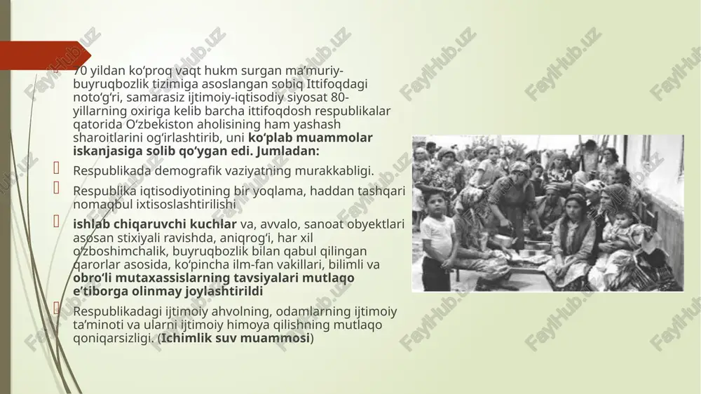 (1991-yil 31-avgust) 17 moddadan iborat bo‘lib, mustaqil respublika uchun vaqtincha konstitutsiya rolini o‘ynaydigan bo‘ldi. qonunda o‘zbekiston mustaqil demokratik davlat deb e’lon qilindi, ma’muriy-hududiy tuzilishi, hokimiyat va boshqaruv idoralari tizimini mustaqil belgilash qonunlashtirildi ushbu hujjatda o‘zbekistonning qoraqalpog‘iston bilan munosabatlari xususida so‘z borib, o‘zbekiston qoraqalpog‘istonning hududiy yaxlitligini tan olishi haqida fikr yuritildi, u o‘zbekiston tarkibida ekanligi e’tirof etiladi. bunday qonunning qabul qilinishi o‘sha davrda erishilgan yutuqlarning yuqori cho‘qqisi bo‘ldi. referendumning o’tkazilishi 1991-yili 18-noyabrda oliy kengash viii sessiyasi o‘zbekiston respublikasi referendumini o‘tkazish to‘g‘risida qaror qabul qildi. shunga muvofiq 29-dekabrda; «siz oliy kengash tomonidan o‘zbekiston respublikasi mustaqil davlat deb e’lon qilinishini ma’qullaysizmi?» mavzuida referendum o‘tkazishga katta tayyorgarlik ko‘rildi. referendum yakuniga ko‘ra unda qatnashgan aholining 98,2 foizi o‘zbekiston mustaqilligini yoqlab ovoz berdi. referundum natijalarining jahon jamoatchiligi tomonidan e’tirof etilishi (aqsh, shveysariya, turkiya…) 1991-yil 14-sentyabrda o‘zbekiston kompartiyasining favqulodda xxiii syezdida i.a.karimov taklifi bilan o‘zbekiston kompartiyasi kpss tarkibidan chiqqanligi e’lon qilindi. partiyaning bunday buyon faoliyat ko‘rsatmasligi e’tiborga …