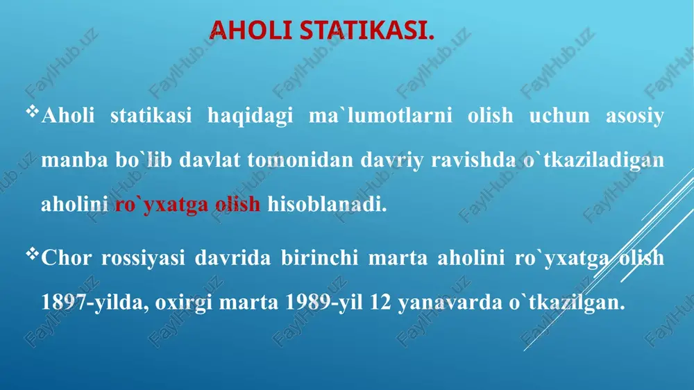 yat, shahar, respublika bo`yicha aholining tabiiy harakatini tashkil etuvchi asosiy tibbiy - demografik ko`rsatkichlar hisoblanadi. 2. tug`ilish ko`rsatkichi 1. umumiy tirik tug`ilganlar soni * 1000 tug`ilish = -------------------------------------- ko`rsatkichi aholining yillik o`rtacha soni 2. umumiy tirik tug`ilganlar soni * 1000 serpushtlik = ------------------------------------ ko`rsatkichi 15-49 yoshli ayollar soni 3. nikohdagi nikohdagi ayollardan tirik ayollarning tug`ilgan bolalar soni * 1000 serpushtlik = -------------------------------------------- ko`rsatkichi 15-49 yoshli nikohdagi ayollar soni 4. ayrim 20-24 yoshli ayollardan tirik yoshlar tug`ilgan bolalar soni * 1000 bo`yicha = ---------------------------------------- tug`ilish 20-24 yoshli ayollar soni 3.o`lim ko`rsatkichlari. 1. umumiy umumiy o`lim soni * 1000 o`lim = ------------------------------------- ko`rsatkichi aholining yillik o`rtacha soni 2. ayrim ma`lum yoshda o`lganlar soni * 1000 yoshlar = ----------------------------------------------- bo`yicha shu yoshdagi aholining yillik o`rtacha o`lim soni 3. ayrim kasalliklar ayrim kasalliklardan o`lganlar soni * 1000 bo`yicha = ---------------------------------------------------- o`lim aholining yillik o`rtacha soni 4. o`lim ayrim kasalliklardan o`lganlar soni * 100 sabablarining …