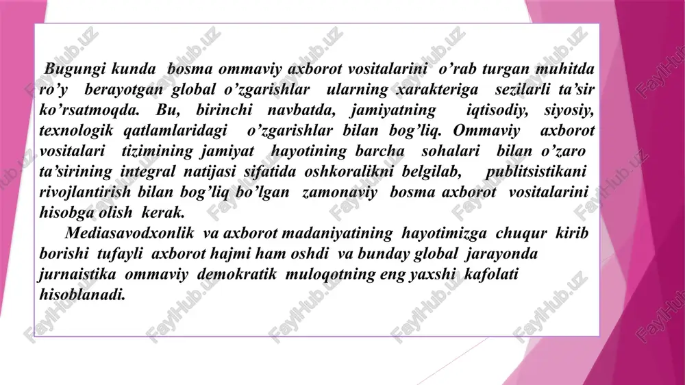 n 25 bugungi kunda reklamalardan kublab foydalanishmoqdalar. ommaviy axborot vositalarining madaniy ahamiyati tobora ortib bormoqda. ommaviy axborot vositalari jamiyatda vositachi vazifasini bajaradi: tobora ko'proq odamlar o'z tajribasi orqali emas, balki ommaviy axborot vositalari orqali bilim oladi. ommaviy axborot vositalari ham professional madaniyatga ta'sir qiladi. mediatsiyaning navbatdagi bosqichi “mediatizatsiya” deb ataladi va ommaviy axborot vositalarisiz mavjud bo'lolmaydigan hodisalarga - masalan, siyosat va fanga tegishli. mediatizatsiyaning oqibati ommaviy axborot vositalarining jamiyatga ta'siri va uning ommaviy axborot vositalariga qaramligidir. raqamli texnologiyalarning paydo bo'lishi bilan tomoshabinlar parchalanib ketdi (auditoriya atomizatsiyasi). endi odamlar shaxsiy kompyuterlardan o'zlari xohlagan dasturni ko'rish uchun foydalanadilar. shu bilan birga, milliy miqyosda to'plangan va bir necha avlodlar uchun mo'ljallangan oav tajribasi hajmi kamayib bormoqda. o‘z saytingni och va undan foyda ol ushbu variant sizdan dastlabki qo‘yilmalarni talab etadi, biroq birozdan so‘ng bir necha barobar o‘zini oqlaydi. sayt ishi yaxshi yo‘lga qo‘yilsa undan har oyda 10 ming aqsh dollar miqdorida foyda olish …