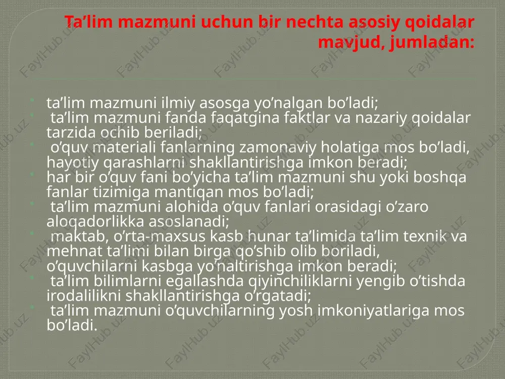 aholovchi fikrlar yordamida qayd etiladi. har bir baholovchi fikrga oldindan kelishilgan (belgilangan) ball, ko'rsatkch (masalan, o'rin-1, 2, 3, 4) tayinlanadi. bunda baho o'lchash va hisoblashlar natijasida olinadigan son emas, balki baholovchi fikrga yuklangan ma’no ekanini unutmaslik muhim. baholarni son sifatida qo'llashga berilib ketishning oldini olish uchun bir qator mamlakatlarda baholar harfli (a, v, s, d) ifodaga ega. baholash bahoni amalda egallangan bilim, ko'nikma va malakalar bilan davlat ta’lim standartiga ko'ra o'zlashtirilishi belgilangan bilim, ko'nikma va malakalar umumiy hajmi o'rtasidagi nisbat sifatida tushunish (ta’rif-lash)dan ta’lim darajasining miqdoriy mazmuni kelib chiqadi. o'zlashti­rish (ta’lim samaradorligi) ko'rsatkchi b=a/t*100% nisbat asosida hisoblanadi. bunda: b - o'zlashtirish (ta’lim samaradorligi) bahosi; a - amalda o'zlashtirilgan bilim va malakalarning hajmi; t - o'zlashtirish uchun taklif etilgan bilim va malakalarning to'liq hajmi. ko'rinib turibdiki, o'zlashtirish ko'rsatkchi (baho) bu o'rinda 100% - axborotni to'liq o'zlashtirish va 0% - uning umuman mavjud emasligi o'rtasida bo'ladi. ma’lumki, baholash funksiyasi ta’lim darajasini qayd …