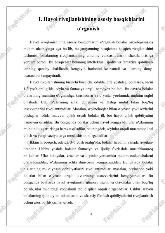 amrovli va amaliy natijalarga erishish uchun muhimdir. teoriyaviy yondashuvlar, odatda, hayol rivojlanishining asosiy qonuniyatlari va dastlabki nazariy asoslarini belgilaydi. bu yondashuvlar bolalarning tasavvuri va fantaziyasining rivojlanish bosqichlarini, shuningdek, ularning dunyoqarashini kengaytiradigan asosiy mexanizmlarni tushuntirishga qaratilgan. masalan, piagetning ijodiy fikrlash rivojlanishi bo‘yicha nazariyasi va vygotskiyning ijtimoiy rivojlanish nazariyasi, hayol va tasavvurni muhit va ijtimoiy ta'sirlar bilan bog‘laydi. bu nazariyalar bolalar hayolining rivojlanishini tushunishda asosiy tayanch nuqtalar bo‘lib, ularning amaliy yondashuvlar bilan muvofiqlashtirilishi esa, nazariy bilimlarni amaliyotga tatbiq qilishni ta’minlaydi. amaliy yondashuvlar esa, konkret metodlar, texnikalar va o‘quv dasturlar orqali bolalarning hayol rivojlanishini qo‘llab-quvvatlaydi. bu yondashuvlar bolalarning o‘yin va fantaziya faoliyatlarini rivojlantirishga qaratilgan bo‘lib, ularning ijodiy fikrlash va tasavvurni kengaytirish imkoniyatlarini oshiradi. amaliy yondashuvlar, shuningdek, pedagoglar, ota-onalar va psixologlar uchun muhim qo‘llanma bo‘lib xizmat qiladi. masalan, interaktiv o‘yinlar, san’at va hikoya aytish faoliyatlari bolalarning tasavvurlarini kengaytirishda muhim rol o‘ynaydi. bu metodlar yordamida bolalar o‘z tasavvurlarini ifoda etib, muammolarni ijodiy tarzda hal qilishga …