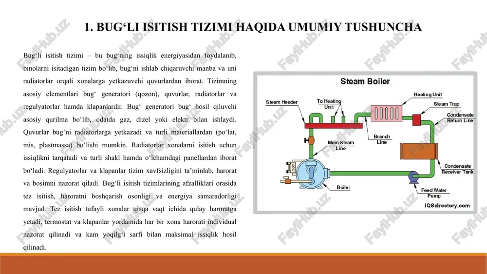ishlari olib boriladi. tizimni sinovdan o‘tkazish uning xavfsiz va samarali ishlashini kafolatlaydi hamda foydalanuvchilar uchun qulay haroratni ta’minlaydi. 3.energiya samaradorligini oshirish bug‘li isitish tizimlarida energiya samaradorligini oshirish uchun turli usullar qo‘llaniladi. termostat va avtomatik boshqaruv tizimlari yordamida xonalar harorati aniq nazorat qilinadi va ortiqcha energiya sarfi oldi olinadi. quvurlarni izolyatsiya qilish orqali bug‘ yo‘qotilishi kamaytiriladi va tizimning issiqlik samaradorligi oshadi. optimal isitish rejimini aniqlash esa foydalanuvchining ehtiyojiga mos ravishda haroratni belgilash va tizimni eng tejamkor ishlashiga imkon beradi. shu tarzda tizim energiya tejash bilan birga qulay va barqaror haroratni ta’minlaydi. bug‘li isitish tizimini montaj qilish jarayonida xavfsizlik qoidalariga qat’iy rioya qilish zarur. ishchilar shaxsiy himoya vositalarini taqib ishlashi lozim, jumladan qo‘lqop, ko‘zoynak va xavfsizlik kiyimi. yoqilg‘i manbai bilan ishlashda maxsus qoidalarga amal qilish, gaz yoki boshqa yonuvchi moddalarni xavfsiz saqlash va yoqish tartibini to‘liq bilish talab etiladi. favqulodda vaziyatlar yuzaga kelganda, oldindan belgilangan harakat algoritmi bo‘yicha ishlarni to‘xtatish, xavfsiz masofaga …