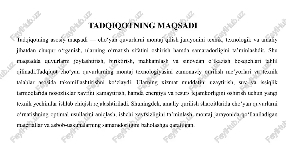 shlari. cho‘yan quvurlarni montaj qilishdan avval puxta tayyorgarlik ishlari olib borilishi zarur. bu bosqich butun tizimning sifatli va xavfsiz ishlashini ta’minlaydi. quvurlarni tashish va saqlash – cho‘yan quvurlar maxsus transport vositalarida ehtiyotkorlik bilan tashiladi, ularning sirtiga zarar yetkazilmasligi lozim. saqlash joyi quruq, tekis va quyosh nurlari ta’siridan himoyalangan bo‘lishi kerak. yotqizish chizmasini tayyorlash – quvurlar tarmog‘i uchun loyiha chizmasi tuziladi, unda quvurlar yo‘nalishi, chuqurligi, birikma joylari va montaj punktlari aniqlanadi. montaj joyini tozalash va o‘lchash – quvurlar o‘rnatiladigan joy tekislanadi, tuproq mustahkamligi va chuqurlik o‘lchanadi, poydevor yoki o‘rnatish yotqiziqlari tayyorlanadi. mahkamlash uskunalarini tayyorlash – biriktiruvchi qismlar (muftalar, rezina halqalar, flanslar), rezina qistirmalar, vintlar va boshqa moslamalar oldindan tayyorlab qo‘yiladi. tayyorgarlik bosqichida bajarilgan har bir ish montajning keyingi sifatiga bevosita ta’sir ko‘rsatadi. cho‘yan quvurlarni montaj qilish jarayoni bosqichma-bosqich amalga oshiriladi. avvalo quvurlar loyiha bo‘yicha belgilangan yo‘nalish va chuqurlikda joylashtiriladi. so‘ng ular bir-biriga rezina halqa, simli mahkamlash yoki flansli ulanish usullari orqali …