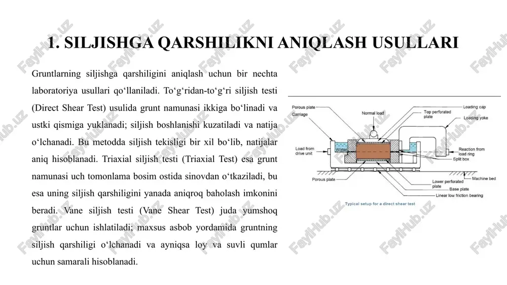 da asosiy parametr hisoblanadi. laboratoriya va maydon usullari yordamida uni aniqlash orqali yer qatlamlarining barqarorligi, deformatsiyaga chidamliligi va poydevorlarning xavfsizligi baholanadi. siljish qarshiligiga grunt turi, namlik darajasi va siydiklanish kabi tabiiy omillar, shuningdek, tashqi yuk va qurilish sharoitlari ta’sir qiladi. ushbu parametrni o‘rganish poydevor dizayni, yer silkinishlarini tahlil qilish, eroziya va siljish jarayonlarini oldini olishda muhim ahamiyatga ega. shu tariqa, gruntlarning siljishga qarshiligini ilmiy asoslangan metodlar yordamida aniqlash qurilish ob’ektlarini xavfsiz, barqaror va uzoq muddat xizmat qiladigan tarzda loyihalashtirish imkonini beradi. foydalanilgan adabiyotlar geoengineer.org. direct shear test. olingan manba: https://www.geoengineer.org/education/laboratory-testing/direct-shear-test geoengineer.org. triaxial test. olingan manba: https://www.geoengineer.org/education/laboratory-testing/triaxial-test wikipedia. shear vane test. olingan manba: https://en.wikipedia.org/wiki/shear_vane_test global gilson. dynamic cone penetration (dcp) test: an overview. olingan manba: https://www.globalgilson.com/blog/dcp-test wikipedia. standard penetration test. olingan manba: https://en.wikipedia.org/wiki/standard_penetration_test wikipedia. shear strength (soil mechanics). olingan manba: https://en.wikipedia.org/wiki/shear_strength_(soil_mechanics) image1.png image2.png image3.png image4.png image5.png image6.png image7.png image8.png image9.png image10.png image11.png image12.png image13.png image14.png /docprops/thumbnail.jpeg