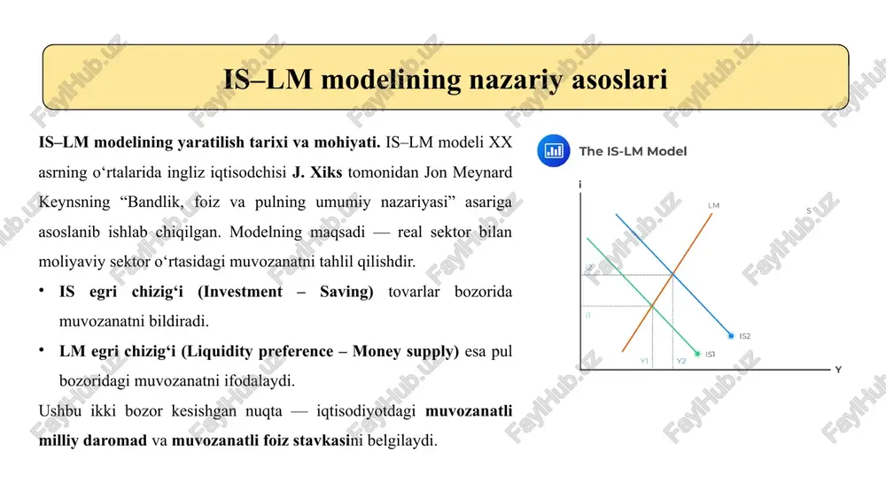 ishlab chiqarish hajmida faoliyat yuritadi. ya’ni, mavjud barcha resurslar (mehnat, kapital, yer va texnologiya) to‘liq ishlatilmoqda. bu holatda ishlab chiqarish hajmini pul siyosati orqali oshirish deyarli imkonsiz, chunki: pul massasini ko‘paytirish investitsiyalarni rag‘batlantirishi mumkin, lekin ishlab chiqarish allaqachon maksimal darajada bo‘lgani uchun bu talabning ortishiga olib keladi. talab oshishi esa narxlar darajasining ko‘tarilishiga sabab bo‘ladi, ishlab chiqarish hajmida esa o‘zgarish bo‘lmaydi. bu jarayon monetarizm yondashuvi bilan mos keladi. monetaristlarga ko‘ra, uzoq muddatda pul taklifining oshirilishi iqtisodiyotning real ko‘rsatkichlariga (masalan, ishlab chiqarish yoki bandlik darajasi) ta’sir qilmaydi. aksincha, u faqat inflyatsion bosimni kuchaytiradi. shuning uchun is–lm modelida to‘liq bandlik holatida pul siyosatining real sektorga ta’siri cheklangan bo‘ladi. pul massasini oshirish lm egri chizig‘ini o‘ngga siljitadi, lekin ishlab chiqarish hajmi o‘zgarmaydi — faqat narxlar oshadi. o‘zbekistonda pul-kredit siyosatining nisbiy samaradorligi: amaliy tahlil. so‘nggi yillarda o‘zbekiston respublikasi markaziy banki iqtisodiy barqarorlikni ta’minlash, inflyatsiyani pasaytirish va milliy valyuta — so‘mning barqarorligini mustahkamlash maqsadida bosqichma-bosqich …