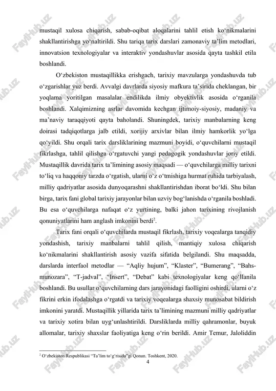 yasi”da tarix fanini o‘qitish sifati, o‘quv dasturlarini xalqaro talablarga moslashtirish masalalari belgilab berildi. bu esa tarix ta’limining yangi bosqichga ko‘tarilganidan dalolat beradi. bugungi kunda tarix fani faqat o‘tmishni yorituvchi emas, balki yoshlarning tafakkurini kengaytiruvchi, ularni milliy va global qadriyatlarni uyg‘un anglashga o‘rgatuvchi ilmiy-intellektual soha sifatida qaralmoqda. shu sababli tarix ta’limi jarayonida zamonaviy pedagogik texnologiyalar, axborot-kommunikatsiya vositalari, elektron darsliklar, virtual muzeylar va interaktiv o‘quv platformalaridan keng foydalanish yo‘lga qo‘yilgan. ayniqsa, pandemiya davrida onlayn ta’lim tizimining joriy etilishi tarix darslarini o‘qitish uslubida yangi tajribalarga sabab bo‘ldi[footnoteref:3]. [3: o‘zbekiston respublikasi prezidentining “ta’lim tizimini rivojlantirish strategiyasi 2030” qarori. toshkent, 2020.] tarix ta’limida muhim yo‘nalishlardan biri — mintaqaviy tarixni o‘rganishdir. mahalliy tarix o‘quvchilarni o‘z yurtining tarixi bilan bevosita bog‘laydi, ular yashayotgan joyning madaniy merosi, tarixiy yodgorliklari, milliy an’analari bilan tanishtiradi. bu esa o‘quvchilarda o‘z yurtiga muhabbat, tarixiy mas’uliyat va fuqarolik burchini anglash tuyg‘usini shakllantiradi. tarix darslarida manbalar bilan ishlash madaniyatini rivojlantirish masalasi ham dolzarbdir. o‘quvchilar …