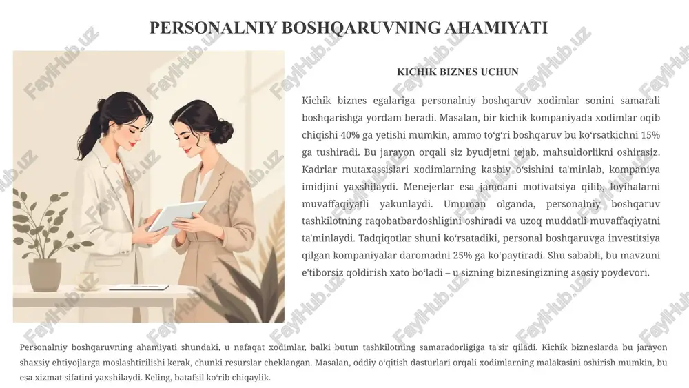 a dasturlarini ishlab chiqib, ularni monitoring qilishi kerak. masalan, "xodim oyi" tanlovlari jamoani birlashtiradi. tadqiqotlar boʻyicha, motivatsiyalangan xodimlar samaradorligi 35% ga yuqori. kichik biznes egalariga maslahat: shaxsiy suhbatlar orqali xodimlarning individual ehtiyojlarini aniqlang. bu jarayon orqali siz nafaqat ishlash koʻrsatkichlarini, balki umumiy muhitni yaxshilaysiz. qoʻshimcha, fleksibl ishlash vaqti kabi imkoniyatlar zamonaviy motivatsiya vositalaridir. umuman, toʻgʻri motivatsiya tashkilotning barqarorligini ta'minlaydi va menejerlarga rahbarlik qilishda yordam beradi. 7 baholash va natijalarni oʻlchash samaradorlik (%) qoniqish darajasi (%) baholash – personalniy boshqaruvning nazorat mexanizmi. u xodimlar faoliyatini muntazam baholab, yaxshilash imkoniyatlarini aniqlaydi. kichik biznesda oddiy kpi'lar (key performance indicators) qoʻllaniladi, masalan, loyiha muddatlari va mijoz qoniqishi. menejerlar choraklik baholash oʻtkazib, feedback berishi kerak. kadrlar mutaxassislari esa 360 darajali baholash tizimini joriy etishi mumkin, bu xodimlarning toʻliq rivojlanishini ta'minlaydi. amaliy maslahat: natijalarni grafiklar orqali koʻrsating, yuqoridagi chart misolida koʻrinib turibdiki, oʻqitish va motivatsiya samaradorlikni sezilarli oshiradi. bu jarayon orqali xatolar oldini oling va mukofotlarni …