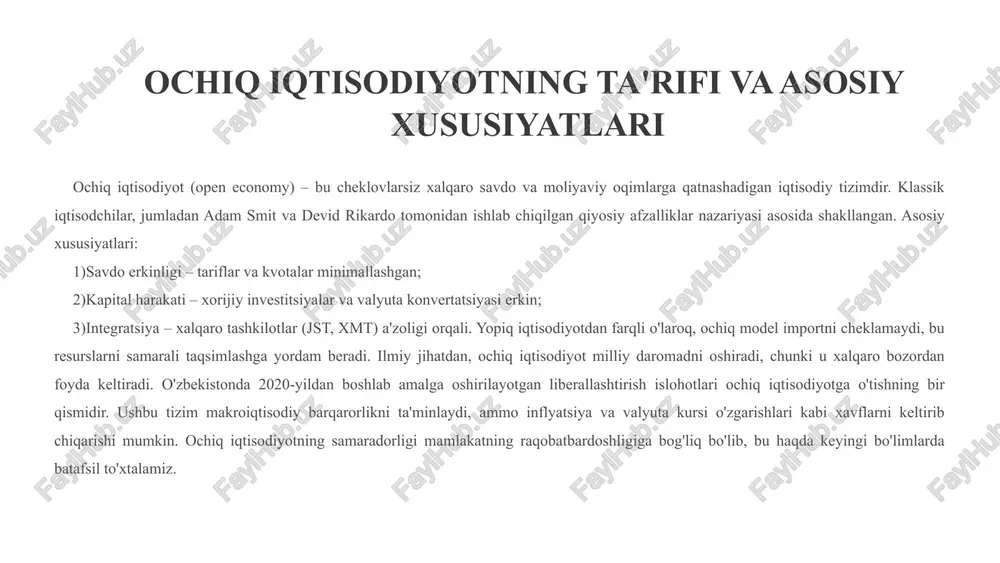 l tashqi shoklarga zaif qiladi – masalan, neft narxlarining oshishi butun iqtisodiyotga ta'sir qiladi. o'zbekistonda import o'sishi mahalliy dehqonchilikni qiyinlashtirmoqda, chunki arzon xorijiy mahsulotlar bozorni egallaydi. bundan tashqari, ochiq iqtisodiyot ijtimoiy tengsizlikni kuchaytirishi mumkin: foyda asosan katta korxonalarga tushadi, kichik biznes esa raqobatdan chiqib ketadi. 1997-yilgi osiyo moliyaviy inqirozi ochiq iqtisodiyotlarning zaifligini ko'rsatdi – tailand va indoneziyada valyuta devalvatsiyasi sodir bo'ldi. o'zbekiston uchun xavf – xorijiy qarzlarning o'sishi va valyuta rezervlarining kamayishi. shu sababli, ochiq iqtisodiyotni joriy etishda himoya mexanizmlari (masalan, subsidiyalar) zarur. neytral tahlilda, afzalliklar va kamchiliklar muvozanati mamlakat siyosatiga bog'liq. 7 ochiq iqtisodiyotning iqtisodiy indikatorlari eksport/yaim (%) fdi/yaim (%) ochiq iqtisodiyotni baholash uchun asosiy indikatorlar – eksport/yaim nisbati va xorijiy to'g'ridan-to'g'ri investitsiyalar (fdi) hajmi. yuqoridagi diagrammada ko'rsatilganidek, singapur ochiq iqtisodiyotning namunaviy modeli bo'lib, eksport ulushi 180% ni tashkil qiladi. xitoyda ochiq siyosat 1978-yildan beri o'sishga olib keldi, ammo nazoratli ochiqlik saqlanmoqda. o'zbekistonda 2023-yilda eksport/yaim 35% ga yetdi, bu …