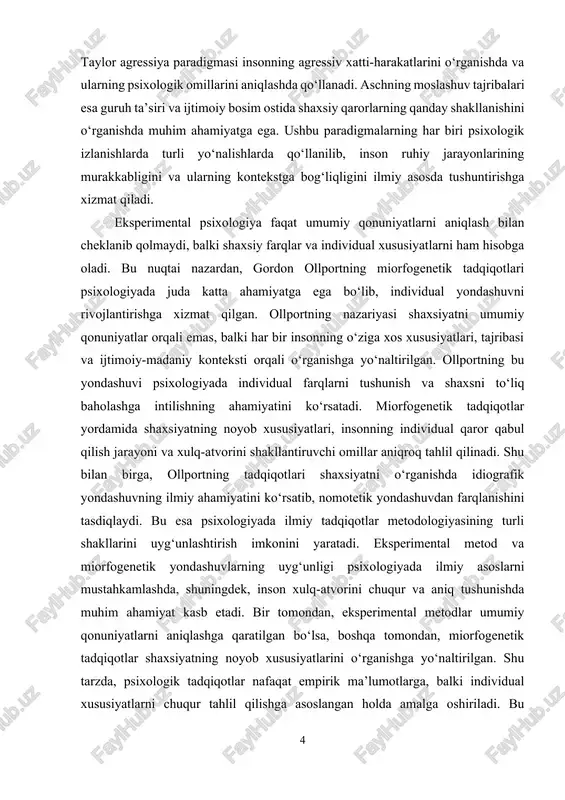 bir-birini to‘ldiradi. eksperimental metodlar yordamida umumiy qonuniyatlar aniqlanadi, miorfogenetik tadqiqotlar esa bu qonuniyatlarning shaxsiyatga moslashishini o‘rganadi. bu esa psixologik ilm-fanning rivojlanishi va uning amaliy qo‘llanilishini ta’minlaydi. shu nuqtai nazardan, psixologiyada eksperimental tadqiqotlar va ollportning miorfogenetik yondashuvi bir-birini to‘ldiruvchi vositalar sifatida qaraladi. ular psixologiya fanining ilmiyligi, ob’ektivligi va shaxsiyatni chuqur tushunish imkonini ta’minlaydi. psixologiyada ilmiy izlanishlar amalga oshirilayotgan sharoitlar doimiy ravishda murakkablashib bormoqda. ijtimoiy muhitning o‘zgarishi, yangi texnologiyalar va kommunikatsiya vositalarining rivojlanishi inson psixikasiga ta’sir qiluvchi omillarni oshirib, tadqiqot metodlarini ham yangilashni talab qilmoqda. shu sababli, eksperimental metodlar va miorfogenetik yondashuvlar nafaqat tarixiy ahamiyatga ega, balki zamonaviy psixologik izlanishlarda ham dolzarb hisoblanadi. ularning qo‘llanilishi shaxsiyatni o‘rganishning chuqurligini oshiradi, ilmiy natijalarni yanada ishonchli qiladi va psixologiyaning nazariy hamda amaliy salohiyatini mustahkamlaydi. eksperimental va miorfogenetik tadqiqotlar psixologik fan rivojiga hissa qo‘shib, shaxsiy va ijtimoiy rivojlanish masalalarini hal etishda muhim vosita hisoblanadi. ularning qo‘llanilishi orqali shaxsning individual xususiyatlarini aniqlash, ruhiy salomatlikni yaxshilash, ta’lim jarayonlarini …