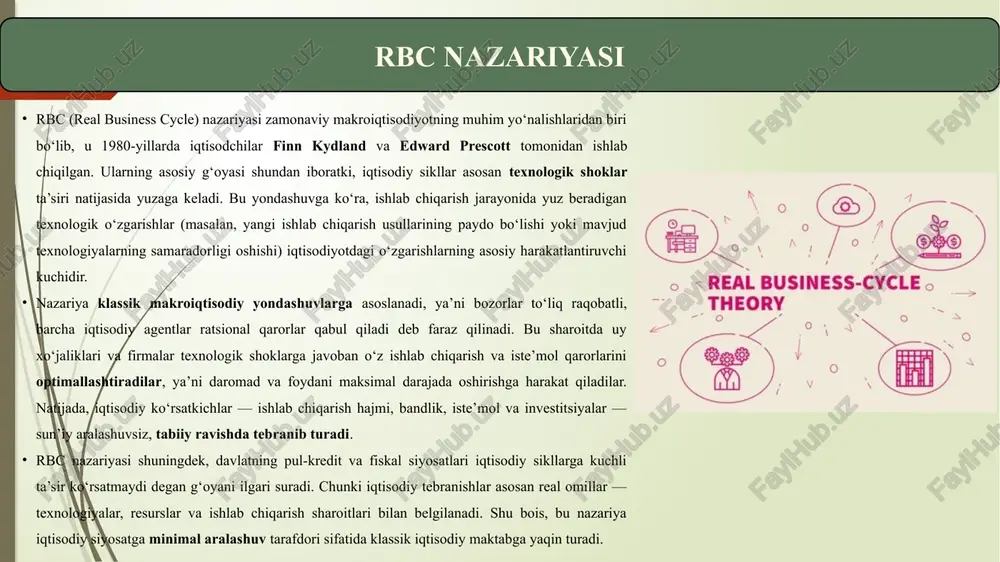sodiy tizim tashqi shoklarga moslashish orqali tabiiy muvozanat holatiga qaytadi. texnologik shok yuzaga kelganda ishlab chiqarish samaradorligi o‘zgaradi, bu esa ishlab chiqarish hajmining oshishi yoki pasayishiga olib keladi. uy xo‘jaliklari yangi sharoitlarni inobatga olib mehnat va iste’mol qarorlarini qayta ko‘rib chiqadi, samaradorlik oshgan paytda ko‘proq ishlash va iste’mol qilishga moyillik kuchayadi. korxonalar ham texnologik o‘zgarishlarga javoban kapital qo‘yilmalarini va ishlab chiqarish hajmini moslashtiradi. narxlar va ish haqi moslashuvchan bo‘lgani uchun talab va taklif sharoitiga mos tarzda bozor muvozanati tiklanadi. natijada iqtisodiy o‘sish va pasayish bosqichlari tabiiy sikl ko‘rinishida shakllanadi va bu jarayon davlat aralashuvisiz, bozor mexanizmlari orqali amalga oshadi. tahlil – rbc va boshqa nazariyalar real iqtisodiy davrlar nazariyasi keynsiy yondashuvdan tubdan farq qiladi. bu nazariya davlatning faol aralashuvini zarur deb hisoblamaydi, chunki iqtisodiy tebranishlar bozor mexanizmlari orqali tabiiy tarzda muvozanatga keladi. rbc talabi emas, balki taklif tomonidagi shoklarga asosiy e’tibor qaratadi va aynan texnologik o‘zgarishlar hamda ishlab chiqarish samaradorligidagi …