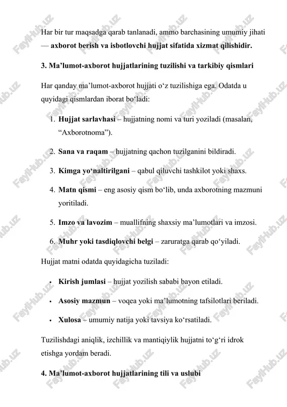 ni kompyuter yoki internet tarmog‘i orqali yuborish, saqlash, qayta ishlash imkonini beruvchi raqamli hujjatlardir. masalan, elektron pochta orqali yuborilgan axborot xatlari, onlayn hisobotlar, elektron imzo bilan tasdiqlangan fayllar — bularning barchasi ma’lumot-axborot hujjatlarining zamonaviy ko‘rinishidir. elektron hujjatlarning afzalliklari: · axborotni tezkor uzatish; · qog‘oz sarfini kamaytirish; · arxivlashtirishni osonlashtirish; · masofaviy boshqaruv imkonini yaratish. biroq xavfsizlik masalasi muhim — shaxsiy ma’lumotlar himoyasi, elektron imzo ishonchliligi va maxfiylikni ta’minlash dolzarb masalalardan biridir. 7. ma’lumot-axborot hujjatlaridan foydalanish madaniyati hujjat bilan ishlash madaniyati — bu ularni yozish, tahrirlash, saqlash va arxivga topshirish jarayonida belgilangan qoidalarga amal qilishdir. ish yurituvchi xodim, o‘qituvchi yoki talaba bo‘lishidan qat’i nazar, har kim rasmiy hujjatlarni savodli, mantiqan izchil, tahririy jihatdan to‘g‘ri tuzishi zarur. ma’lumot-axborot hujjatlari bilan ishlashda quyidagi madaniy me’yorlarga amal qilinadi: 1. matnni lo‘nda va maqsadga yo‘naltirilgan shaklda tuzish; 2. rasmiy tildan foydalanish; 3. grammatik va uslubiy xatolarga yo‘l qo‘ymaslik; 4. hujjatni to‘g‘ri rasmiylashtirish (imzo, sana, raqam, …