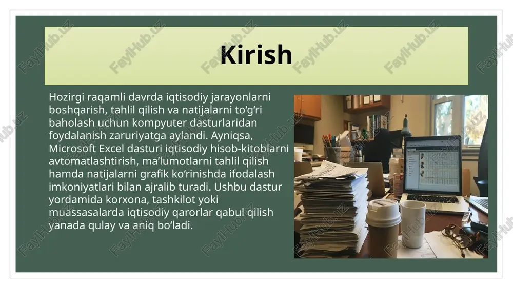 . karimov b., “kompyuterda amaliy ishlar (microsoft office dasturlari asosida)”, toshkent, 2021. muxitdinov a., “iqtisodiy tahlil asoslari”, toshkent, 2020. “microsoft excel qo‘llanmasi”, microsoft corporation, 2023. www.office.com image2.bmp image3.png image4.png image5.png image6.png image7.png image8.png image9.png image10.png image11.png image12.png