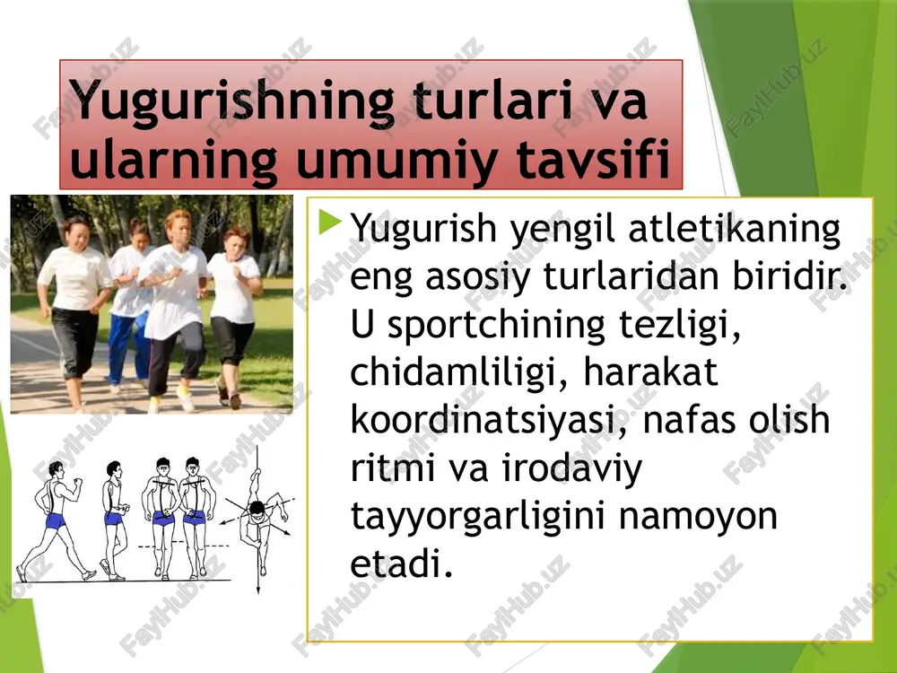 ganish orqali talabalar o‘z jismoniy imkoniyatlarini to‘g‘ri baholashni, kuchini tejashni, iroda va sabrni tarbiyalaydi. jismoniy tarbiya mashg‘ulotlarida yugurish turlarini tizimli o‘rganish, ularni to‘g‘ri texnikada bajarish orqali yosh avlodning sog‘lig‘ini mustahkamlash va sog‘lom jamiyat qurish maqsadlariga erishish mumkin. foydalanilgan adabiyotlar karimov a. jismoniy tarbiya nazariyasi va metodikasi. – toshkent: o‘qituvchi, 2019. g‘aybullayev m. yengil atletika asoslari. – toshkent: fan, 2021. sattorov a. talabalarda jismoniy madaniyatni shakllantirish asoslari. – samarqand: samdu nashriyoti, 2020. o‘zbekiston respublikasi prezidentining “sog‘lom avlod uchun” davlat dasturi. www.olympic.uz image1.jpeg image2.jpeg image3.jpeg image4.jpeg image5.jpeg image6.jpeg image7.jpeg image8.jpeg image9.png image10.png image11.png image12.png image13.jpeg image14.png /docprops/thumbnail.jpeg