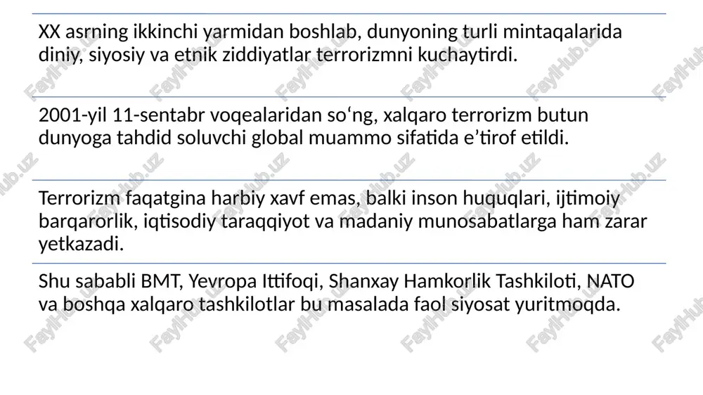 bal terrorizmga qarshi strategiyasi. – nyu-york, 2006. yevropa ittifoqi. the eu counter-terrorism strategy. – brussels, 2005. nato. defending against terrorism. – brussels, 2015. rahimov a. xalqaro munosabatlar va global xavfsizlik. – toshkent: fan, 2018. g‘ulomov b. terrorizm – xxi asr muammosi. – toshkent: ma’naviyat, 2012. azizov m. o‘zbekiston va xalqaro tashkilotlar. – toshkent: yangi asr avlodi, 2021. image1.jpeg image2.jpeg image3.jpeg image4.jpeg image5.jpeg image6.jpeg image7.jpeg image8.jpeg image9.jpeg image10.jpeg image11.jpeg image12.jpeg image13.jpeg image14.jpeg image15.jpeg image16.jpeg image17.jpeg /docprops/thumbnail.jpeg