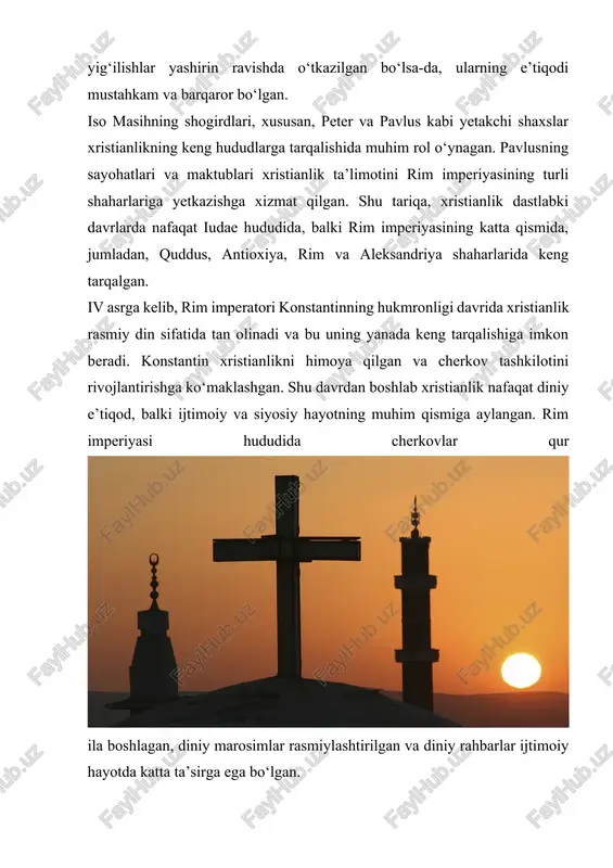 dat va marosimlarga ega. xristianlik dastlab iso masihning ta’limoti asosida birlashgan yagona jamoa sifatida paydo bo‘lgan bo‘lsa-da, vaqt o‘tishi bilan turli hududlarda va turli ijtimoiy sharoitlarda rivojlanishi natijasida uch asosiy oqim – katoliklik, pravoslavlik va protestantlik – yuzaga kelgan. katolik oqimi dunyo bo‘ylab eng keng tarqalgan xristian oqimi bo‘lib, uning markazi rim shahrida joylashgan va rim papasi cherkovning eng yuqori diniy rahbari sifatida tan olingan. katoliklar e’tiqodida bibliya, cherkov an’analari va yetti sakrament – tavba, eucharistiya, konfirmatsiya, nikoh, ruhoniylik, kasallikda yo‘l-yo‘riq berish va tavba – asosiy o‘rin tutadi. katoliklik tarixi davomida rim papasining markaziy roli, boy diniy san’at va marosimlar, shuningdek, cherkov an’analari orqali shakllangan boy diniy va madaniy merosni yaratgan. pravoslav oqimi esa sharqiy rim imperiyasi hududida shakllangan bo‘lib, u rim papasining hukmronligiga bo‘ysunmaydi va mustaqil cherkov tizimiga ega. pravoslav cherkovi o‘zining an’anaviy ibodatlari, ikonalar va rituallariga katta ahamiyat beradi, bu esa uning diniy hayotini katolik oqimidan ajratib turadi. …