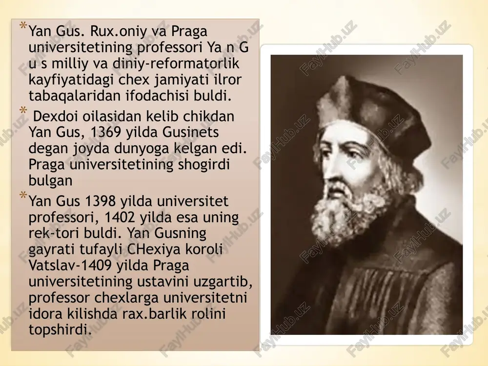 il davlat bulib oldi. odatda guschilarning urushlari degan nom bilan atalgan buyuk chexiya dexdonlar urushining x.arakatga keltiruvchi kuchlari juda keng va turli-tuman edi. eng boshidan boshlab guschilar xarakatida bir-birovga ochik,dan-ochik. k.arama-k.arshi ikki k.anot paydo buldi: chashniklar yoki podoboylarning mu’tadil par-tiyasi (guschilarning shiorlaridan biri—xar ikkala noz-ne’mat, ya’ni non va vino bilan dilni poklash) bulib, bunga panlar-ning, yirik ritsarlarning va shaxarliklarning (asosan praga shaxdrining) vakillari kirgan edi va 2) taboriyl.arning (ularning tabor yoki favoradagi xarbiy lageri nomidan olin-gan) radikal-demokratik partiyasi bulib, uni xonavayron bul­gan ritsarlar, eng kambagal xunarmaidlar va dexdonlar tashkil kilardilar. chashniklarning «turtta modda» deb atalgan pro-grammasi chexiyada toat-ibodat chex tilida ado etiladigan mil-liy guschilar cherkovini kdror toptirishni va cherkov molu mulkini tortib olib xukumat ixtiyoriga berilishini talab ki-lardi. chashniklar bonsha xech qanaqa ijtimoiy va siyosiy re­forma k.ilishni ilgari surmadilar. siyosiy jixatdan olganda chashniklar monarxiyani saklab qolish tarafdorlari edilar. chashniklar lyuksemburglar dinasti-yasi bilan alok.ani uzib, ular polsha-litva valiax,di sigiz­mund (yoki jigimont)'ni …