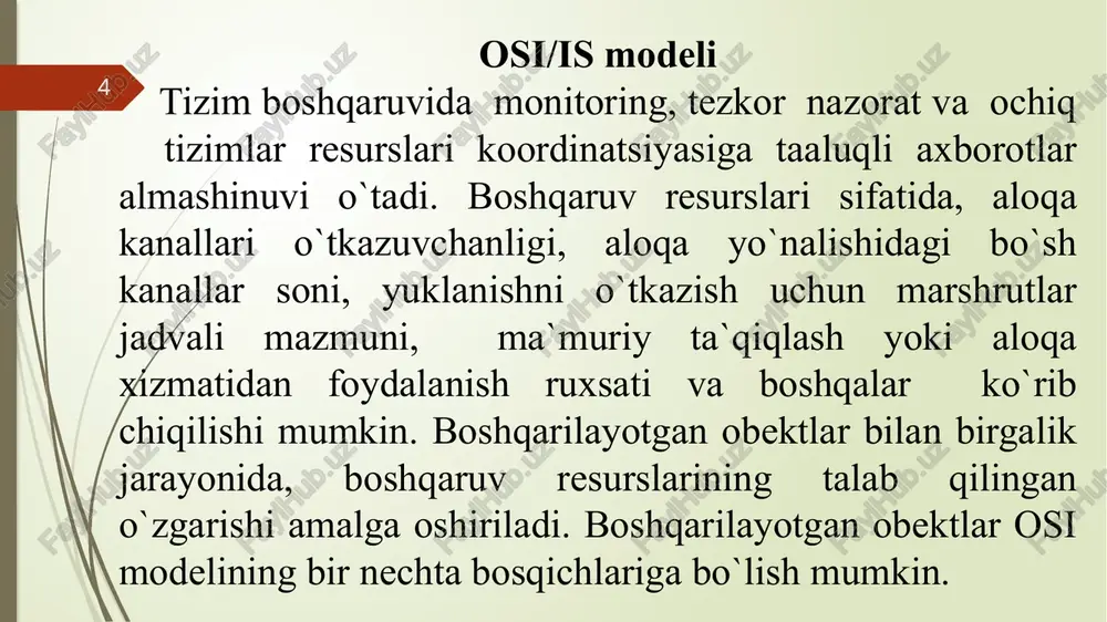 . agar foydali axborotlar oqim bitining katta qismini tashkil qilmasa unda uning asosiy qismi axamiyatga ega bo`lmagan axborotlarni olib tashlaydi va jo`natuvchi tarmoqda qabul qilib oluvchiga jo`natgan ma`lumotlar uzatiladi. telefon tarmog`ining ko`p yillik foydalanuvchilari uchun kanalli kommutatsiya tarmog`i keng ishlatiladi. 11 11 vazifa osi/iso modeli pog’analari ochiq tizimlar konsepsiyasi 12 12 /docprops/thumbnail.jpeg