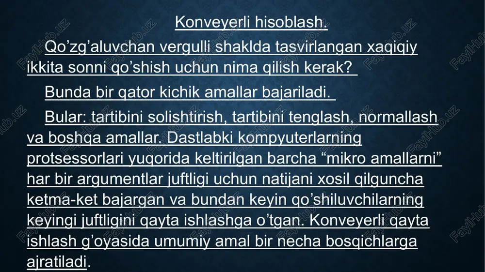 rmas boʼlib qoladi; bir xil oqimni qayta ishlash buyruqlarining turli bosqichlari uchun masʼul boʼlgan qurilmalarning bir vaqtning oʼzida ishlashi tufayli ishlashning oʼsishiga erishiladi. superskalyarlikdan foydalanilganda, bir xil koʼplab miqdordagi qurilmalarning bir vaqtning oʼzida ishlashi, bir oqimning buyruqlarini mustaqil ravishda qayta ishlash, shu jumladan koʼp miqdordagi konveyer liniyalari tufayli unimdorlikni oshishiga erishiladi. bir nechta yadrolardan foydalanganda, har bir yadro alohida oqim buyruqlarni bajaradi va ularning har biri superskalar yoki konveyerli boʼlishi mumkin.. bir nechta protsessordan foydalanganda har bir protsessor koʼp yadroli boʼlishi mumkin. superskalar protsessorida buyruq xotiradagi buyruqlar oqimidan olinadi, buyruqning boshqa buyruqlarga maʼlumotlarga bogʼliqligi borligi yoki yoʼqligi aniqlanadi, soʼngra buyruq bajariladi. bir takti davomida bir nechta mustaqil buyruqlar bajarilishi mumkin. flinn tasnifiga koʼra, bitta yadroli superskalyar protsessorlar sisd protsessorlari deb tasniflanadi. qisqa vektorlar bilan ishlash boʼyicha buyruqlarni qoʼllab-quvvatlaydigan protsessorlar simd guruhiga oid. koʼp yadroli superskalyar protsessorlar mimd guruhiga kiradi. bir vaqtning oʼzida ikkita mustaqil koʼrsatmalarni bitta siklda qayta ishlaydigan superskalyar …