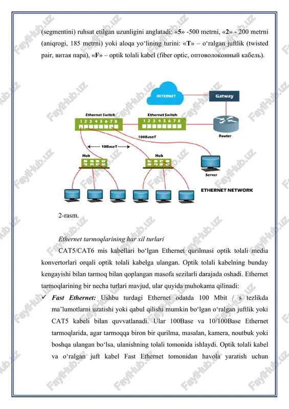 gilanishi bo‘lib, u ulanishni yaratish uchun optik tolali va o‘ralgan juftlik kabelidan foydalanadi. u 1000 mbit / s yoki 1 gbit / s tezlikda ma’lumotlarni uzatishi mumkin. hozirgi vaqtda gigabit ethernet keng tarqalgan. ushbu turdagi tarmoq, shuningdek, ma’lumotlarni 10 gbit / s tezlikda uzatishi mumkin bo‘lgan cat5e kabellari yoki boshqa ilg’or kabellardan foydalanadi. gigabit ethernet ni ishlab chiqishning asosiy maqsadi foydalanuvchining ma’lumotlarni tezroq uzatish, tezkor aloqa tarmog’i va boshqalar kabi talablarini to‘liq qondirish edi. 10-gigabit ethernet: ushbu turdagi tarmoq ma’lumotlarni sekundiga 10 gigabit tezlikda uzatishi mumkin, bu yanada rivojlangan va yuqori tezlikdagi tarmoq hisoblanadi. u cat6a yoki cat7 o‘ralgan juft kabellardan, shuningdek, optik tolali kabellardan foydalanadi. ushbu tarmoqni optik tolali kabel orqali deyarli 10 000 metrgacha kengaytirish mumkin. ethernet switch: ushbu turdagi tarmoq kalitlarni yoki markazlarni qo‘shishni o‘z ichiga oladi, bu tarmoq o‘tkazuvchanligini yaxshilashga yordam beradi, chunki ushbu tarmoqdagi har bir ish stantsiyasi ommaviy axborot vositalarini almashish o‘rniga o‘ziga xos …