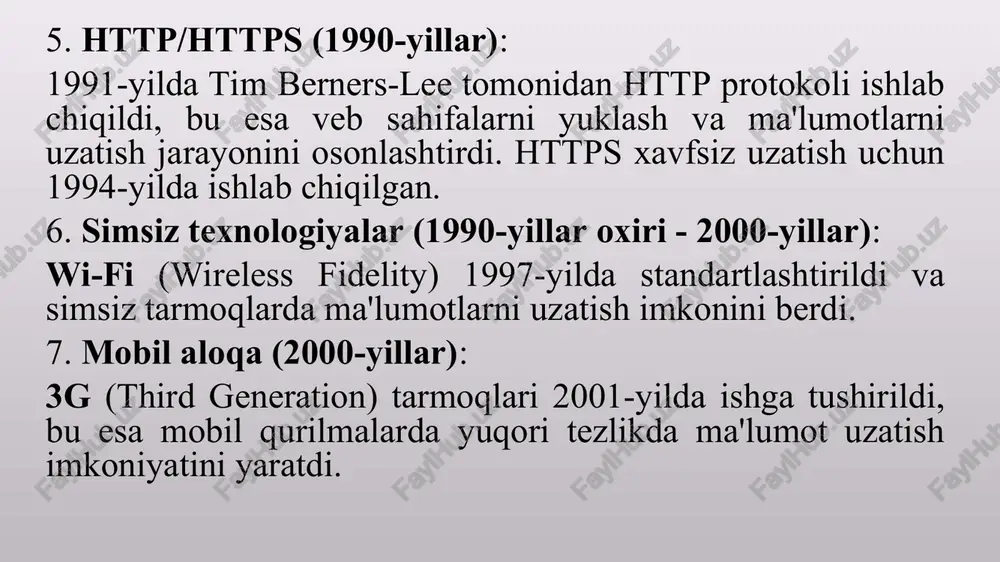 ishlab chiqildi. 1973-yil: ftp ning ikkinchi versiyasi ishlab chiqildi va u o‘z ichiga ko‘plab yangi funksiyalarni, jumladan, fayl uzatishning turli xil usullarini kiritdi. 1990-yillar: ftp protokoli keng tarqaldi va internet foydalanuvchilari orasida o‘z o‘rnini topdi. ftp serverlari va klientlari dasturlash tillari va platformalarida qo‘llanila boshlandi. 2000-yillar: ftpdan foydalanish davom etdi, ammo xavfsizlik masalalari tug‘ildi. ftpning standart versiyasi shifrlashni qo‘llab-quvvatlamadi, bu esa foydalanuvchilar ma'lumotlarining o‘g‘irlanishi xavfini keltirib chiqardi. bu muammolarni bartaraf etish uchun sftp (ssh file transfer protocol) va ftps (ftp secure) kabi xavfsizroq alternativalar paydo bo‘ldi. fayllarni uzatish: ftp protokoli foydalanuvchilarga fayllarni serverdan yuklab olish yoki serverga yuklash imkonini beradi. bu jarayon odatda grafik interfeys (masalan, ftp klientlari) yoki buyruq qatoridan amalga oshiriladi. ma'lumotlarni saqlash va uzatish vositalari: fayl almashish xizmatlari: google drive, dropbox va boshqa bulutli saqlash xizmatlari. usb flesh-disklar: ma'lumotlarni ko'chirish uchun fizik vosita. klassik usullar: qog'oz va elektron pochta: hujjatlarni chop etish va elektron pochta orqali yuborish.