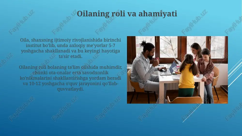 . muvaffaqiyatli hamkorlik namunasi "finlandiya ta’lim tizimi"da ota-onalar maktab tadbirlarida 80% ishtirok etadi, bu esa bolaning muvaffaqiyatiga sezilarli ijobiy ta’sir ko’rsatadi. singapurda "community in bloom" dasturi orqali mahalliy aholi bog'dorchilik loyihalarida qatnashib, 65% bolalarning ijtimoiy ko'nikmalari yaxshilanadi. xulosa va tavsiyalar oilaning 80% ijtimoiy ta'siriga asoslanib, maktab va mahallaning 20% ta'sirini hisobga olgan holda, oilaviy tarbiyani kuchaytirish kerak. mahalla qo'mitasi 2 yilda kamida 1 marta ota-onalar uchun seminarlar tashkil etishi lozim, bu esa 30% tarbiya sifatini oshiradi. e'tiboringiz uchun rahmat image2.jpg image3.jpg image4.jpg image5.jpg image6.jpg image7.jpg image8.jpg image9.jpg image10.jpg image11.jpg image12.jpg image13.jpg image14.jpg image15.jpg image16.jpg image17.jpg image18.jpg