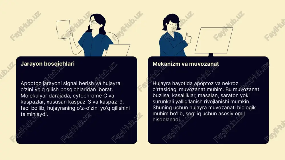 yondashuvlar apoptozni tahlil qilish usullari: mikroskopiya, oqsil va gen tahlili, va oqim sitometrisi. bu usullar kasalliklarni diagnostika qilish va davolash usullarini rivojlantirishda muhim. masalan, onkologiyada apoptosis tahlili tumor rivojlanishini kuzatishda qo'llaniladi. apoptoz va hujayra sog'lig'i apoptoz hujayra sog'lomligini saqlashda muhim rol o'ynaydi, u hujayraning o'zini tartibga solish va regeneratsiya uchun zarur. kasalliklarda, masalan, saraton, apoptozning buzilishi kasallik rivojlanishiga olib keladi. sog'lom hujayralar apoptozni nazorat qilsa, kasal hujayralar bu jarayonni buzadi. apoptoz: biologik mexanizmlar va ta'sirlar apoptoz, hujayra o'limining programlangan shakli bo'lib, u organizmdagi biologik jarayonlar uchun muhimdir. bu mexanizm, odatda, kasalliklar, masalan, saraton va autoimmun kasalliklar bilan bog'liq bo'lib, hujayraning noto'g'ri rivojlanishi yoki zarar ko'rgan hujayralarni yo'q qilish uchun ishlatiladi. apoptozning biologik mexanizmlari, masalan, mitoxondriyal jarayonlar va kaspazalar enzimi faollashuvi orqali amalga oshadi. bu jarayonlar hujayraning genetik va molekulyar darajada boshqariladi, va u organizmning sog'lig'ini saqlashda muhim rol o'ynaydi. kasalliklar bilan bog'liq bo'lib, apoptozning buzilishi yoki disbalansi, hujayra funktsiyalarining buzilishiga …