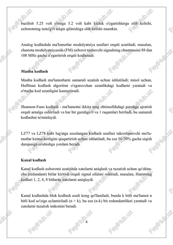 orlikni oshiradi. lzw lug'atga asoslangan kodlash usuli bo'lib, u kodlash jarayonida dinamik lug'at yaratadi. 4096 indeksli lug'atdan foydalanish 12 bitli kodlar bilan natijaga erishishga imkon beradi. lzw ko'p grafik formatlarida (gif, tiff) qo'llaniladi. kodlash jarayoni odatda '0' dan '255' gacha bo'lgan dastlabki lug'at bilan boshlanadi, keyin esa yangi qatorlar qo'shiladi. entropiya kodlash entropiya kodlash ma’lumotlarni yoʻqotmasdan siqish uchun ishlatiladi, bunda eng koʻp uchraydigan simvollar qisqa kodlar bilan, kam uchraydiganlari esa uzun kodlar bilan ifodalanadi. bu oʻrtacha kod uzunligini kamaytiradi. huffman kodlash entropiya kodlashning bir turi boʻlib, har bir simvolning uchrash chastotasiga asoslangan holda oʻzgaruvchan uzunlikdagi kodlarni yaratadi. optimal kodlash uchun daraxt strukturasi qoʻllaniladi. arifmetik kodlash entropiya kodlashning yanada samarali usuli boʻlib, butun xabarni bitta interval bilan ifodalaydi. intervalning uzunligi xabarning ehtimoliga proportsional, shu bois siqish darajasi yuqori. biologik ma'lumotlarni kodlash dnk molekulasi 4 xil azotli asosdan (adenin, guanin, sitozin, timin) foydalanadi, bu esa genetik kodlash uchun 4^n imkoniyatni beradi, n …