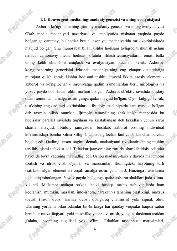 media hodisasi sifatida ishlash xususiyatlarini emas, balki uning kelib chiqishini aniqlash va evolyutsiyani kuzatish kerak. axborot-ko'ngilocharning genezisini izlashda madaniyatning eng chuqur qatlamlariga murojaat qilish kerak. ushbu hodisani tashkil etuvchi ikkita asosiy element - axborot va ko'ngilochar - insoniyatga qadim zamonlardan beri, mifologiya va yozuv paydo bo'lishidan oldin ma'lum bo'lgan. axborot ob'ektiv ravishda ibtidoiy odam tomonidan amalga oshirilgunga qadar mavjud bo'lgan; o'yin-kulgiga kelsak, u o'zining eng qadimgi ko'rinishlarida ibtidoiy madaniyatda ham mavjud bo'lgan deb taxmin qilish mumkin. ijtimoiy tamoyilning shakllanish manbasida bu hodisalar parallel ravishda tug'ilgan va kristallangan deb ta'kidlash uchun zarur shartlar mavjud. ibtidoiy jamiyatdan boshlab, axborot o'zining individual ko'rinishidagi barcha xilma-xilligi bilan ko'ngilochar faoliyat bilan chambarchas bog'liq edi. qadimgi inson ongini, demak, madaniyatni rivojlantirishning muhim tarkibiy qismi tafakkur edi. tafakkur jarayonining zaruriy sharti ibtidoiy odamlar hayotida bo'sh vaqtning mavjudligi edi. ushbu madaniy-tarixiy davrda ma'lumotni uzatish va idrok etish o'yinlar va marosimlar, shuningdek, hayotning turli teatrlashtirilgan elementlari orqali amalga oshirilgan, …