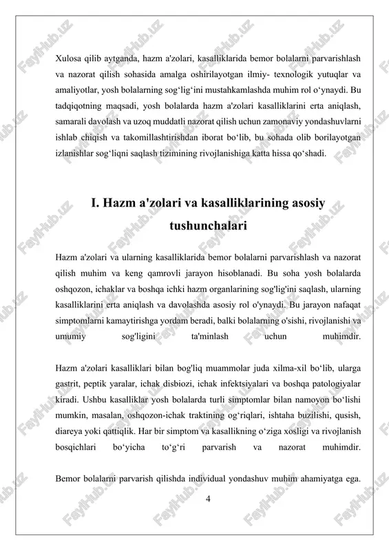 i to‘g‘ri ma’lumot bilan ta’minlash, ularni kasallik va davolash usullari haqida xabardor qilish ham muhimdir. nazorat qilish va monitoring qilish jarayonlari esa, kasallikning rivojlanishini doimiy ravishda kuzatib borishni talab qiladi. bu uchun, klinik tekshiruvlar, laboratoriya va endoskopiya metodlari keng qo‘llaniladi. zamonaviy texnologiyalar, masalan, genetik testlar va mikrobiom tadqiqotlari, kasalliklarni erta aniqlash va ularning rivojlanishini bashorat qilishda yordam berishi mumkin. shuningdek, yosh bolalarda kasalliklar bilan bog‘liq muammolarni aniqlashda, ularning o‘sish va rivojlanish bosqichlarini hisobga olgan holda, individual monitoring rejalari ishlab chiqiladi. boshqa muhim jihat esa, uzoq muddatli parvarish va nazoratni ta’minlashdir. bu, bolalar sog‘lig‘ining umumiy holatini saqlash, kasalliklarning takrorlanishini oldini olish va profilaktik chora-tadbirlarni amalga oshirish uchun zarurdir. profilaktika choralari orasida, sog‘lom ovqatlanish, gigiena qoidalariga rioya qilish, profilaktik dori vositalarini qabul qilish va sog‘liqni saqlash muassasalariga muntazam ravishda tashrif buyurish kiradi. yosh bolalarda hazm a’zolari kasalliklarini to‘g‘ri parvarish qilish va nazorat qilish sohasida olib borilayotgan ilmiy izlanishlar yangi diagnostik usullar, masalan, …