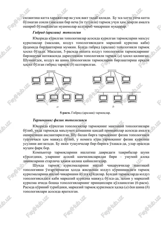 topologiyalari bo'lib, unda tarmoqda ma'lumot almashish qanday printsiplar asosida amalga oshirilishi akslantirilgan. shu bilan birga tarmoqning fizik topologiyasi tushunchasi ham mavjud bo'lib, u nomiga ko'ra tarmoqning fizik qurilish usulini anglatadi. bu ikki tushunchalar bir-biriga o'xshasa-da, ular orasida muhim farq bor. kompyuter tarmoqlarini ishlatish davridagi tajribalar shuni ko'rsatdiki, ularning asosiy kamchiliklaridan biri – umumiy aloqa liniyalarini etarlicha himoya qilish qiyinligidir. shunda tarmoq qurilmalarini ishlab chiqaruvchilar mantiqiy topologiyani o'zgartirmagan holda jismonan yulduz ko'rinishidagi tarmoq qurilmalarini ishlab chiqarishni yo'lga qo'ydilar. bunday tarmoqlarda yulduz topologiyasidagi kabi markaziy qurilma mavjud bo'lsa-da, lekin u markaziy qurilma ichida boshqa topologiyalarning printsiplari qo'llanilgan (6-rasm). rasmda ko'rinib turibdiki, markaziy tarmoq qurilmasi halqa (a) yoki shina (b) topologiyalari asosida yaratilgan. 6-rasm. jismonan yulduz, lekin mantiqan halqa (a) va shina (b) topologiyali tarmoqlar buning natijasida shina va halqa topologiyalarining eng zaif bo'lgan joyi – umumiy liniyani ishonchli himoyalash va tarmoqdagi nosozliklarni qulay diagnostika qishish imkoniyatiga ega bo'lindi. image6.png image1.png image2.png image3.png …