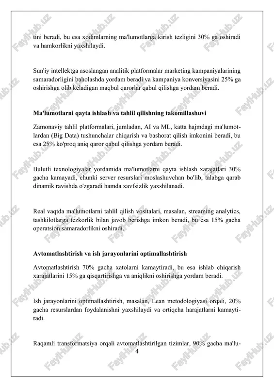 tiladi. texnologiya masofadan ishlash imkoniyatini beradi, bu esa xodimlarning ish joyidagi stressini 15% ga kamaytiradi va ish balansini yaxshilaydi. masofaviy ishlash va moslashuvchanlik masofaviy ishlash kompaniyaga xarajatlarni 20-30 foizga kamaytirishga yordam beradi, ofis xarajatlari va boshqa infratuzilmaga bo'lgan ehtiyojni bartaraf etadi, shu bilan birga, moslashuvchanlik xodimlarni saqlab qolishga yordam beradi. moslashuvchanlik, jumladan, gibrid modellar, xodimlarga kuniga 2-3 soat vaqtni tejashga imkon beradi, transportda vaqtingizni yo'qotmaslik imkonini beradi va ish samaradorligini 15-20 foizga oshiradi. masofaviy ish usuli kompaniyalarga butun dunyo bo'ylab 50% dan ko'proq iste'dodlarni jalb qilishga imkon beradi, bu esa turli xil mahorat va tajribaga ega bo'lgan global jamoani shakllantirishga yordam beradi. tashkiliy tuzilmalar va madaniyatning o'zgarishi texnologiyalar ierarxik tashkiliy tuzilmalarni yassilashga olib keladi, ma'lumot almashinuvi 360 daraja bo'lib, qaror qabul qilish jarayonida ishtirok etish imkoniyatlarini kengaytiradi. raqamli vositalar madaniyatni o'zgartirib, xodimlarning 70% ko'proq hamkorlik qilishiga, yangi g'oyalarni sinovdan o'tkazishga va 24/7 aloqa qilish imkoniyatini yaratadi. texnologiya moslashuvchanlikni oshiradi, tashkilotlar …