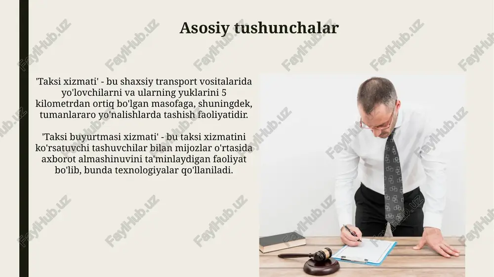 i va ularning har birining shaxsiy ma’lumotlarini kamida 3 yil saqlashi kerak. xalqaro hamkorlik xalqaro hamkorlik doirasida, 2023-yilda transport sohasidagi qoidalarni unifikatsiya qilish bo'yicha 5 ta davlat bilan memorandum imzolandi, bu esa transchegaraviy xizmatlarni soddalashtiradi. taksi xizmatlari bo'yicha xalqaro standartlarni joriy etish uchun yevropa ittifoqi bilan texnik ko'mak loyihasi amalga oshirilmoqda, umumiy qiymati 1.2 million yevroni tashkil etadi. yakuniy qoidalar qonunning 32-moddasiga ko'ra, vazirlar mahkamasi ushbu qonun ijrosini ta'minlaydi, normativ-huquqiy hujjatlarni 3 oy ichida qabul qiladi va amaliyotga joriy etadi. ushbu qonun kuchga kirgach, ilgari qabul qilingan taksi xizmatlari bo'yicha qarorlar, agar unga zid bo'lmasa, o'z kuchini saqlab qoladi, qonun 2024 yil 1 yanvardan amalga kiritiladi. e'tiboringiz uchun rahmat image2.jpg image3.jpg image4.jpg image5.jpg image6.jpg image7.jpg image8.jpg image9.jpg image10.jpg image11.jpg image12.jpg image13.jpg image14.jpg image15.jpg image16.jpg image17.jpg image18.jpg