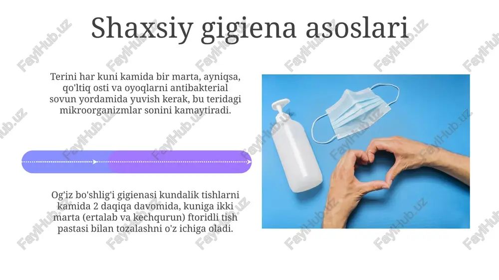 lik uchun juda muhimdir, kasalliklarning oldini olish va hayot sifatini yaxshilash uchun tozalik, ovqatlanish va muntazam mashqlar asosiy rol o'ynaydi. shaxsiy gigiena qoidalariga rioya qilish, masalan, qo'llarni tez-tez yuvish, muntazam ravishda dush qabul qilish va tish salomatligiga e'tibor berish kasalliklar tarqalishini kamaytirishda katta ahamiyatga ega. e'tiboringiz uchun rahmat image5.jpg image6.jpg image7.jpg image8.jpg image9.jpg image10.jpg image11.jpg image12.jpg image13.jpg image14.jpg image15.jpg image16.jpg image17.jpg image18.jpg image19.jpg image20.jpg image21.jpg image1.jpeg image2.jpeg image3.jpeg