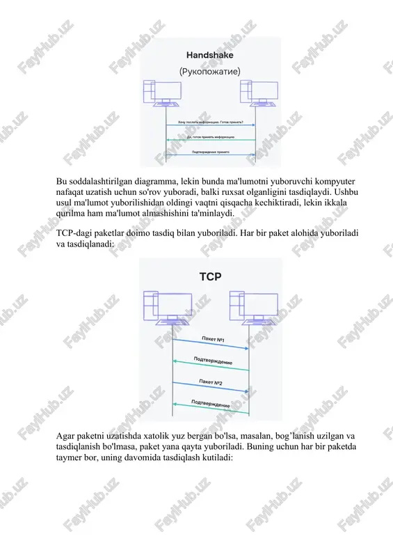 lekin ikkala qurilma ham ma'lumot almashishini ta'minlaydi. tcp-dagi paketlar doimo tasdiq bilan yuboriladi. har bir paket alohida yuboriladi va tasdiqlanadi: agar paketni uzatishda xatolik yuz bergan bo'lsa, masalan, bog’lanish uzilgan va tasdiqlanish bo'lmasa, paket yana qayta yuboriladi. buning uchun har bir paketda taymer bor, uning davomida tasdiqlash kutiladi: har bir paket uchun tasdiqni qabul qilish, yomon aloqa sharoitida yoki muhim ma'lumotlarni uzatishda talab qilinadi. ushbu jarayon bir zumda sodir bo'lmaydi va qancha ko’p ma'lumot bo'lsa, paketlarni tasdiqlash uchun shuncha ko'p vaqt ketadi. har bir paketning olinganligini tasdiqlamaslik uchun sirpanuvchi oyna yoki sliding window ishlatiladi. bunday holda, bir paket emas, balki bir vaqtning o'zida bir nechtasi tasdiqlanadi. qolganida hech qanday farqlar yo'q - agar tasdiqlash olinsa, keyingi paketlar yuboriladi, agar tasdiq bo'lmasa, paketlarni yubor qayta bagariladi. tcp ishonchlilikni ta'minlaydi, ammo bu vaqt talab etadi. faraz qilaylik, biz har bir millisekund muhim bo'lgan onlayn o'yin o'ynayapmiz. bunday holda, kechikishlar hamma narsani buzishi …