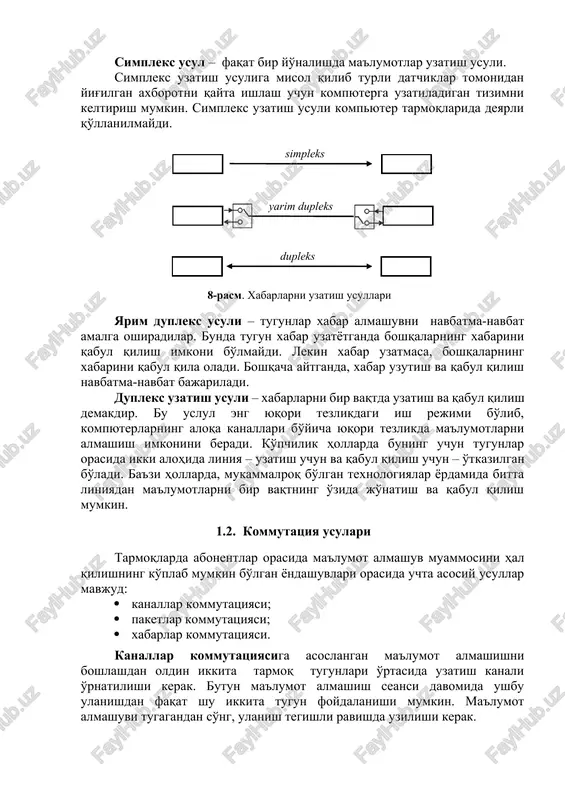eng xuquqli bo'lib, ular o'z resurslarini umumiy foydalanishga taqdim qilishari va bunday resurslardan birgalikda foydalanishlari mumkin. mijoz-server – buyda tarmoq resurslarining katta qismi server deb atalmish kompyuterlarda joylashgan bo'lib, ular mijoz kompyuterlarga turli xil tarmoq xizmatlarini taqdim etadilar. mijoz kompyuterlar o'zlarida lokal masalalarni bajarishadi, kerak bo'lgan hollarda esv serverga murojaat qilishadi. tarmoqda xabarlarni uzatish usullari tarmoqda tugunlar orasida ma'lumot uzatishning quyidagi uch turi mavjud (8-rasm): simpleks; yarim dupleks; dupleks. simpleks usul – faqat bir yo'nalishda ma'lumotlar uzatish usuli. simpleks uzatish usuliga misol qilib turli datchiklar tomonidan yig'ilgan axborotni qayta ishlash uchun kompyuterga uzatiladigan tizimni keltirish mumkin. simpleks uzatish usuli kompyuter tarmoqlarida deyarli qo'llanilmaydi. simpleks yarim dupleks dupleks 8-rasm. xabarlarni uzatish usullari yarim dupleks usuli – tugunlar xabar almashuvni navbatma-navbat amalga oshiradilar. bunda tugun xabar uzatyotganda boshqalarning xabarini qabul qilish imkoni bo'lmaydi. lekin xabar uzatmasa, boshqalarning xabarini qabul qila oladi. boshqacha aytganda, xabar uzutish va qabul qilish navbatma-navbat bajariladi. dupleks uzatish …