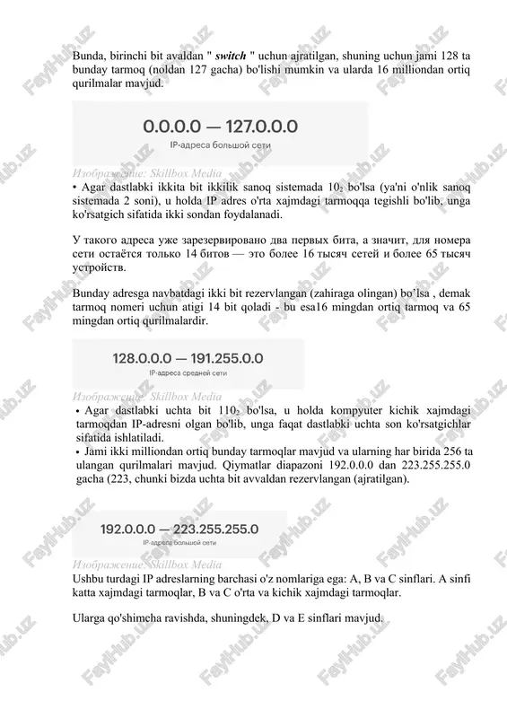 lumotlarni to'g'ridan-to'g'ri yuborish mumkin bo’lmaydi. muammo tunnellash yordamida hal qilindi - ular ikkita qurilma o'rtasida maxsus kanal yaratdilar, u orqali protokoli turli versiyalari bo'lgan tarmoqlar o'rtasida ma'lumotlar almashiladi. tarmoqosti maskasi tarmoqosti maskasi - bu ip-adresni tarmoq nomeri va xost nomeriga ajratishning qulayroq usulidir. u biz yuqorida aytib o'tgan algoritmni o’rniga ishlatiladi. tarmoqosti maskasi ham to'rtta sondan iborat va ip adresiga o'xshaydi: izobrajenie: skillbox media ikkilik ko'rinishda bunday maska 11111111 11111111 00000000 000000002 ko’rinishda bo'ladi. nollar xost nomeri qayerda ekanligini, birlar esa tarmoq nomerini ko'rsatadi. maskani qo'llash uchun "and" va "not" mantiqiy operatorlaridan foydalanishingiz kerak. birinchisi quyidagi qoidalarga muvofiq ishlaydi: 1 and 1 = 1 1 and 0 = 0 0 and 1 = 0 0 and 0 = 0 izobrajenie: skillbox media not operatori oddiygina, barcha nollarni birlarga va birlarni nolga o'zgartiradi. va u buni o'ngdan chapga qarab bagaradi: not 1 = 0 not 0 = 1 izobrajenie: skillbox media …