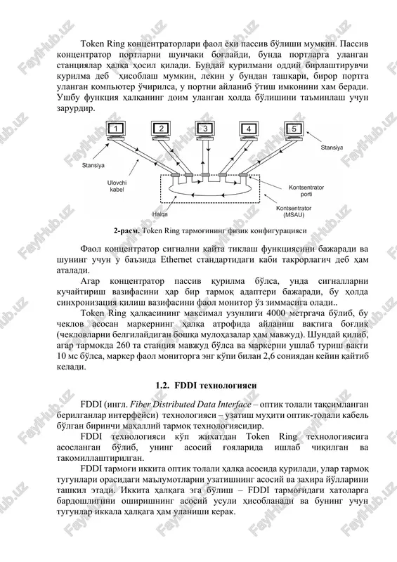 i markerning ustuvorligidan yuqori (yoki unga teng) bo'lgan taqdirdagina olib qolish huquqiga ega. aks holda, stantsiya markerni halqadagi keyingi stantsiyaga o'tkazib yuborishi kerak bo'ladi. tarmoqda faol monitor markerning mavjudligi va uning yagona ekanligi uchun javobgardir. agar faol monitor uzoq vaqt davomida (masalan, 2,6 soniya), markerni ko'rmasa, u yangi markerni yaratadi va halqaga kiritdi. token ring tarmoqlarining tezligi (4 va 16 mbit/s) ethernet tarmoqlari tezligiga (10 va 100 bit.s) nisbatan past bo'lsada, unda tugunlar orasida ma'lumot almashish tezligi tarmoqdagi tugunlar soniga deyarli bog'liq emas. ma'lmki, ethernet tarmoqlarida bu kattalik shzgaruvchan va tarmoqda ma'lumotlar almashuvchi tugunlar sonini tezlikni proportsional kamaytirib yuboradi. token ring texnologiyasining fizik tuzilishi ibm kompaniyasining token ring standarti dastlab mau (ingl. multistation acces unit) yoki msau deb nomlangan kontsentratorlar (xab), ya'ni ko'p portli kirish qurilmalari yordamida tarmoq ulanishlarini ko'zda tutgan (2‑rasm). token ring tarmog'i mantiqan halqa, jismonan esa yulduz ko'rinishdagi tarmoq bo'lib, u 260 tagacha (802.5 standartida 250 tagacha) …