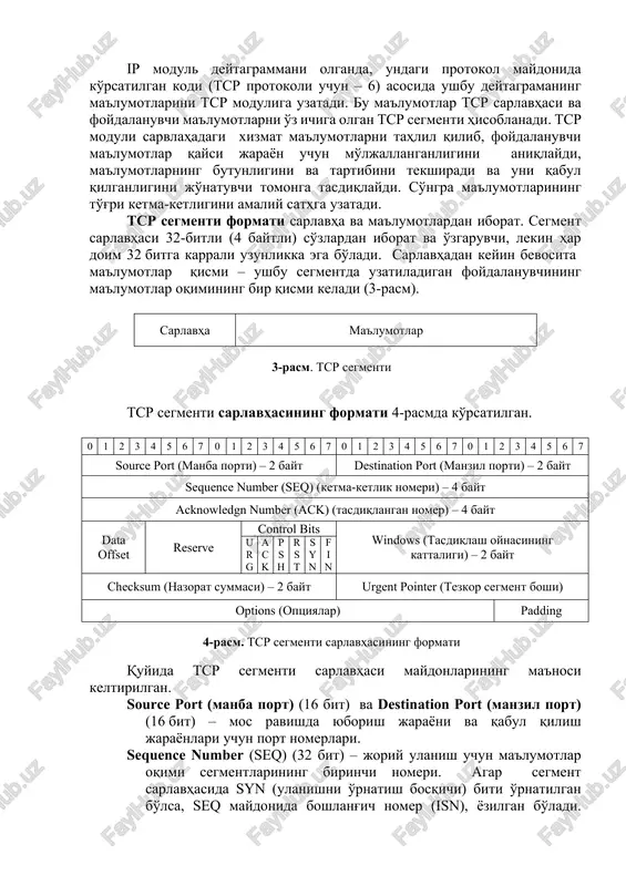 gmenti hisoblanadi. tcp moduli sarvlahadagi xizmat ma'lumotlarni tahlil qilib, foydalanuvchi ma'lumotlar qaysi jarayon uchun mo'ljallanganligini aniqlaydi, ma'lumotlarning butunligini va tartibini tekshiradi va uni qabul qilganligini jo'natuvchi tomonga tasdiqlaydi. so'ngra ma'lumotlarining to'g'ri ketma-ketligini amaliy sathga uzatadi. tcp segmenti formati sarlavha va ma'lumotlardan iborat. segment sarlavhasi 32-bitli (4 baytli) so'zlardan iborat va o'zgaruvchi, lekin har doim 32 bitga karrali uzunlikka ega bo'ladi. sarlavhadan keyin bevosita ma'lumotlar qismi – ushbu segmentda uzatiladigan foydalanuvchining ma'lumotlar oqimining bir qismi keladi (3-rasm). sarlavha ma'lumotlar 3-rasm. tcp cegmenti tcp segmenti sarlavhasining formati 4‑rasmda ko'rsatilgan. 0 1 2 3 4 5 6 7 0 1 2 3 4 5 6 7 0 1 2 3 4 5 6 7 0 1 2 3 4 5 6 7 source port (manba porti) – 2 bayt destination port (manzil porti) – 2 bayt sequence number (seq) (ketma-ketlik nomeri) – 4 bayt acknowledgn number (ack) (tasdiqlangan nomer) – 4 bayt data …