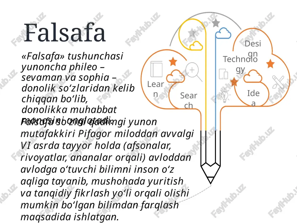 a keldi. dunyoqarashning avvalgi shakllari – mif va dindan farqli o‘laroq, falsafa dunyoni e’tiqod va tuyg‘ularga tayanib emas, balki aql va bilimlarga tayangan holda tushuntiradi. falsafa dunyoqarash sifatida falsafa – o‘ziga xos ilmiy-nazariy dunyoqarash turi. dunyoqarashning eng yuqori pog‘onasi va turi, ratsionallik, sistemalilik, mantiq va nazariy shakli borligi bilan ajralib turadi. falsafiy dunyoqarashning diniy va mifologik dunyoqarashdan farqi falsafiy dunyoqarash bilimga asoslangan (ishonch yoki rivoyatga emas); falsafiy dunyoqarash refleksiv (fikrning o‘ziga qaratilganligi); falsafiy dunyoqarash mantiqqa asoslangan (ichki birlik va sistemaga ega); falsafiy dunyoqarash aniq tushunchalar va kategoriyalarga asoslanadi. falsafaning dunyoqarash sifatidagi evolyutsiyasi bosqichlari geosentrizm falsafiy dunyoqarashning turi bo‘lib, uning asosida butun borliqni tushuntirib bo‘lmaydigan, g‘ayritabiiy kuch-xudoning hokimiyati orqali tushuntirish (o‘rta asrlarda yevropada tarqalgan). kosmosentrizm antroposentrizm falsafiy dunyoqarash, uning asosida olamni,tabiat hodisalarni tashqi kuchlar–koinot (kosmos)- qudrati va cheksizligi orqali tushuntirish, unga ko‘ra butun borliq koinot va kosmik sikllarga bog‘liq (bu falsafa qadimgi hindiston, xitoy, boshqa sharq mamlakatlari va qadimgi gretsiyaga xos). …