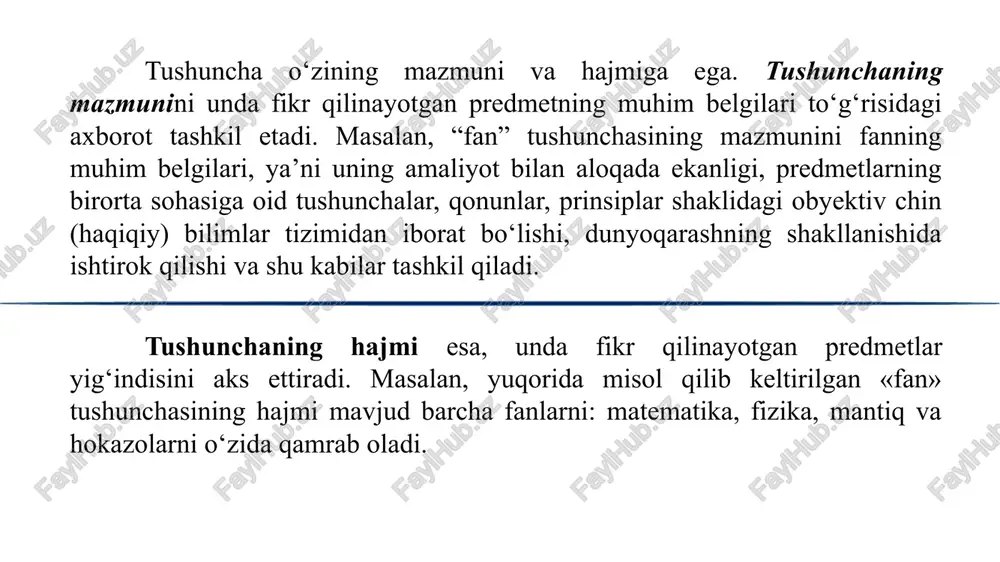 munosabatidagi tushunchalarning hajmi qisman umumiylikka ega. masalan: a – sportchi, b – talaba. a v b a b doiralarning shtrixlangan qismi bir vaqtning o‘zida ham sportchi, ham talaba bo‘lganlarni bildiradi. bo‘ysunish munosabatida tushunchalardan birining hajmi ikkinchisining hajmiga to‘liq kirib, uni tashkil qiluvchi qism hisoblanadi. masalan: a – fan, b – mantiq. a b sig‘ishmaydigan tushunchalar hajmi jihatidan umumiylikka ega bo‘lmagan tushunchalar hisoblanib, bir sinfga kiruvchi har xil predmetlarni yoki predmetlar guruhini aks ettiradi. ularning umumiyligi faqat ana shunda. bu tushunchalar o‘rtasida ham uch xil munosabat bor: birga bo‘ysunish, qarama-qarshilik, zidlik. birga bo‘ysunish munosabati quyidagi tushunchalar o‘rtasida mavjud: a – fan, b – mantiq, c – fizika. a b c bunda “mantiq” va “fizika” tushunchalari hajmi jihatidan birgalikda “fan” tushunchasining hajmiga bo‘ysunadi. qarama-qarshilik munosabatidagi tushunchalarning hajmi bir-birini istisno qiladi. ular predmetning (predmetlar guruhining) qarama-qarshi belgilarini aks ettiradi, ya’ni biri predmetning ma’lum bir belgisini ifoda qilsa, ikkinchisi uni inkor qiluvchi boshqa belgini …