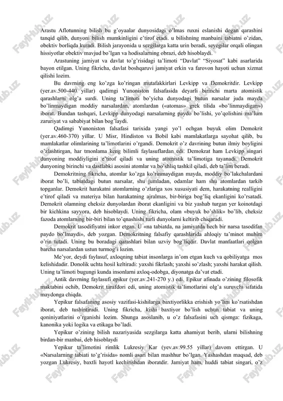 qilib, umrining so’nggi yillarini eley shahrida o’tkazgan. tarixchi diogen layertskiyning yozishicha, ksenofont «tabiat haqida» asarlarining muallifidir. afsuski, ushbu asarning yarmigina omon qolgan, xolos. u ko’p xudolika hamda insonlarga xos sifatlarni hayvonlarga, o’simlik dunyosiga dahldor deb biluvchi ta’limotga qarshi chiqib ltfologiyani rad etishga harakat qilgan. uning falsafiy ta’limotiga ko’ra, tabiat- o’zgarmas va harakatsizdir, «hamma narsa yerdan unib chiqadi va pirovardida yana yerga qaytadi», «biz hammamiz yerdan tug’ilganmiz va yerga aylanamiz. ksenofont qadimgi yunon faylasuflaridan birinchi bo’lib bilishning imkoniyati va chegarasi haqida fikr yuritgan. bu qadimgi yunon gnoseologiyasining rivojiga turtki bo’ldi. qadimgi yunon madaniyatida sofistlar falsafasi katta o’rin tutadi. sofistlar antropologiya (inson haqidagi fan) va gnoselogiya (bilish to’g’risidagi fan) muamolari bilan shug’ullangan. sofistlar yangi kasblarning mohir ustalari, yani o’qituvchilar, diplomatlar, notiqlar, sud mahkamalarida ishlovchi mutaxassislardan iborat bo’lib, haqiqat, osoyishtalik, adolat o’rnatishga xizmat qilgan. ularning talimoti suqrot falsafasiga ham ma’lum darajada ko’rsatgan. afinaning buyuk faylasufi suqrot (yer. av. 469-399 yillar) avvalo sofistlar shogirdi …