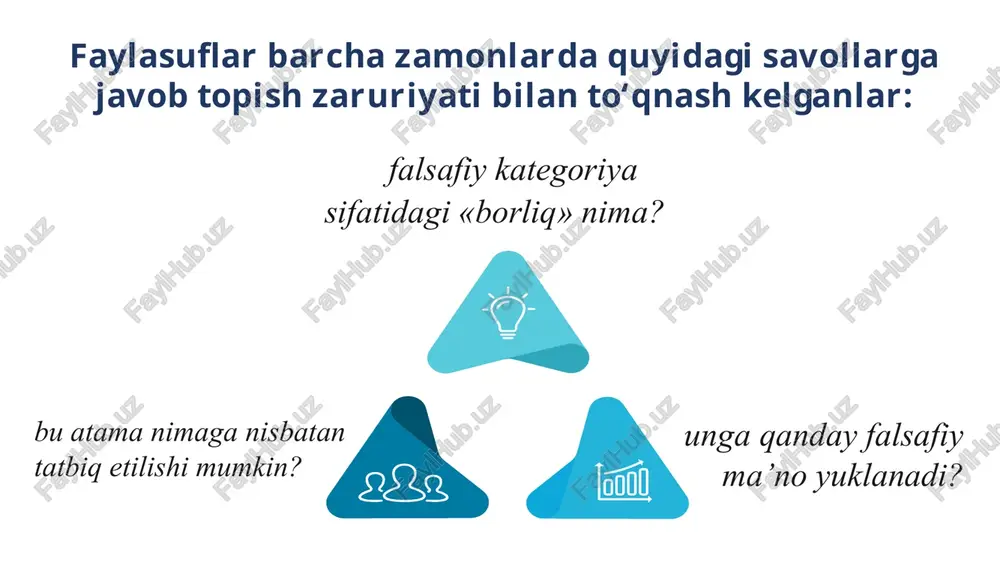 t ko‘rinishida (jonsiz jismlar, minerallar, moddalar); 01 materiya ko‘rinishlari makon, vaqt, harakat materiya mavjudligining asosiy shakllari dunyo muqarrar tarzda faqat makon va vaqtda mavjud materiya kabi, mustaqil holda mavjud bo‘la olmaydi materiya mavjudligining atributlari makon makon narsalarning ko‘lamini, o‘zaro joylashish tartibini, uzlukli yoki uzluksizligini ifodalaydi makonning ko‘p o‘lchovliligi nisbiylik nazariyasini rivojlantiruvchi va kuchli, kuchsiz, elektromagnit va gravitatsion o‘zaro ta’sirlarga nisbatan yaxlit yondashuvchi hozirgi tabiiy-ilmiy konsepsiyalar makonning uch o‘lchovliligi va vaqtning bir o‘lchovliligi (u o‘tmishdan kelajakka qarab oqishi)ni moddiy jismlar borlig‘ining ehtimol tutilgan hollaridan biri sifatida talqin qiladi va bizning metagalaktikamiz bilan bir qatorda o‘zga dunyolar ham mavjudligini faraz qilib, makon va vaqtning ko‘p o‘lchovliligi g‘oyasini ilgari suradi. boshqa olamlarda makon va vaqt butunlay o‘zgacha tuzilish, ko‘lamlilik va shakllarga ega bo‘lishi mumkinligi taxmin qilinadi. makonning uch o‘lchovliligi hanuzgacha ilmiy-nazariy jihatdan aniq isbotlanmagan. makon va vaqtning cheksizligi hamda tuganmasligi, makonning uch o‘lchovliligi, vaqtning bir yo‘nalishliligi, orqaga qaytmasligi makon va vaqtning asosiy xossalari …