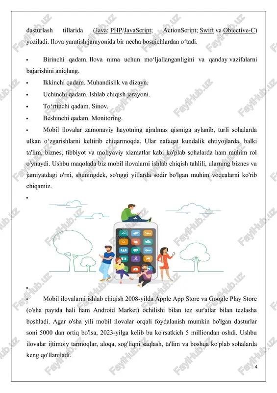 shifokorlarning ish yukini kamaytirdi. · shuningdek, 2022-yilda hindistonda covid-19 pandemiyasi davrida aholi salomatligini kuzatish uchun arogya setu ilovasi taqdim etildi. ilova odamlarning sog'lig'i haqidagi ma'lumotlarni tahlil qildi, xavfli hududlarni aniqlashga yordam berdi va pandemiyaga qarshi kurashda hukumatga katta yordam berdi. ushbu ilova tufayli 200 milliondan ortiq foydalanuvchi o‘z salomatligi haqida ma’lumot olish va profilaktika choralarini ko‘rish imkoniyatiga ega bo‘ldi. · moliyaviy xizmatlarda mobil ilovalar · mobil ilovalar moliyaviy xizmatlar uchun katta ahamiyatga ega. 2023-yilda paypal mobil ilovasi orqali xalqaro to‘lovlar hajmini 55 foizga oshirishga muvaffaq bo‘ldi. mobil to‘lov tizimlari yordamida foydalanuvchilar o‘z mablag‘larini tez va xavfsiz boshqarish imkoniyatiga ega bo‘lib, bu biznesning globallashuviga katta hissa qo‘shmoqda. · bundan tashqari, "m-pesa" mobil to'lov tizimi afrikada katta ahamiyatga ega. 2022-yilda ushbu tizim orqali amalga oshirilgan operatsiyalar hajmi 50 milliard aqsh dollaridan oshdi.m-pesa nafaqat jismoniy shaxslar, balki kichik va o'rta biznes uchun ham moliyaviy xizmatlarni soddalashtirdi va aholining bank xizmatlaridan foydalanish imkoniyatlarini sezilarli …