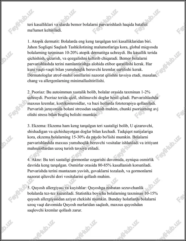 xil qo'ziqorinlar sababli yuzaga keluvchi infeksiyalar bolalarda ham uchraydi. masalan, tinia (zamburugli teri kasalligi) bolalar orasida 3-8% nisbatda uchraydi. parvarishda antifungal kremlar va dori vositalari ishlatiladi. jamoat joylarida gigiyena qoidalariga amal qilish tavsiya etiladi. 7. bakterial infeksiyalar: bakterial teri infeksiyalari bolalarda tez uchrashi mumkin, ayniqsa bolalar orasida tarqaluvchi kasalliklar sababli. streptokokk va stafilokokk infeksiyalari bolalarda yayiluvchi infeksiyalardir. inson immuniteti, gigiyena va antibakterial vositalar orqali nazorat qilish mumkin. umuman, teri kasalliklarida bolalarni parvarishlashda asosiy etibor gigiyena, terini namlantirish va irrite qiluvchi omillarni kamaytirishga qaratiladi. eng yaxshisi dermatolog yoki pediatr maslahatiga tayanishdir. parvarish va oldini olish choralari kasallik turiga qarab ozgarishi mumkin. 3. teri kasalliklarida tashqi dori vositalarini ishlatish. albatta, teri kasalliklarida tashqi dori vositalarini ishlatish haqida quyidagi malumotlarni keltirib otaman: teri kasalliklari keng tarqalgan bolib, ularga qarshi kurashishda tashqi dori vositalarini qollash muhim ahamiyat kasb etadi. teri kasalliklarining turli xil turlari mavjud bolib, ularga dermatit, psoriasis, ekzema, tizza va qoltiq sohasidagi …