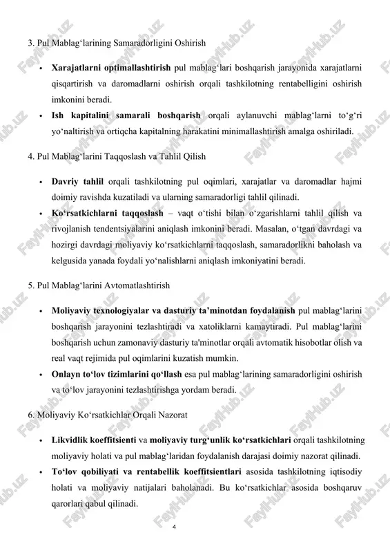 h, balki tashkilotning bozor sharoitlariga moslashuvchanligini ham kuchaytiradi. 7. naqd puli boshqaruvi · kassa operatsiyalari nazorati: tashkilotning kundalik naqd pul operatsiyalarini qat'iy nazorat qilish zarur. bu naqd pulning ortiqcha yoki kam qolishining oldini olish, kassada saqlanadigan pul mablag‘lari miqdorini minimal darajada ushlab turish va kamomadning oldini olishga yordam beradi. · minimal naqd zaxiralarini belgilash: tashkilot o‘zining kutilmagan xarajatlari yoki tezkor operatsiyalarini amalga oshirish uchun kassada yoki bank hisobvarag‘ida minimal miqdorda mablag‘ saqlab turishi kerak. bu zaxira mablag‘lar daromad oqimlaridagi uzilishlar yoki kutilmagan xarajatlarni qoplashda foydali bo‘ladi. 8. investitsion portfelni boshqarish · ortib qolgan pul mablag‘larini investitsiya qilish: tashkilotda vaqtinchalik ortiqcha bo‘lgan pul mablag‘lari qisqa muddatli yoki uzoq muddatli investitsiyalarga yo‘naltirilishi mumkin. bu mablag‘larni likvid aktivlarga, bank omonatlari yoki qimmatli qog‘ozlarga sarmoya qilish orqali tashkilot qo‘shimcha daromad olish imkoniyatiga ega bo‘ladi. · qisqa muddatli likvidlik zaxiralarini investitsiya qilish: tez sotiladigan va likvid bo‘lgan aktivlarga investitsiya qilish orqali tashkilot kutilmagan holatlarda bu …